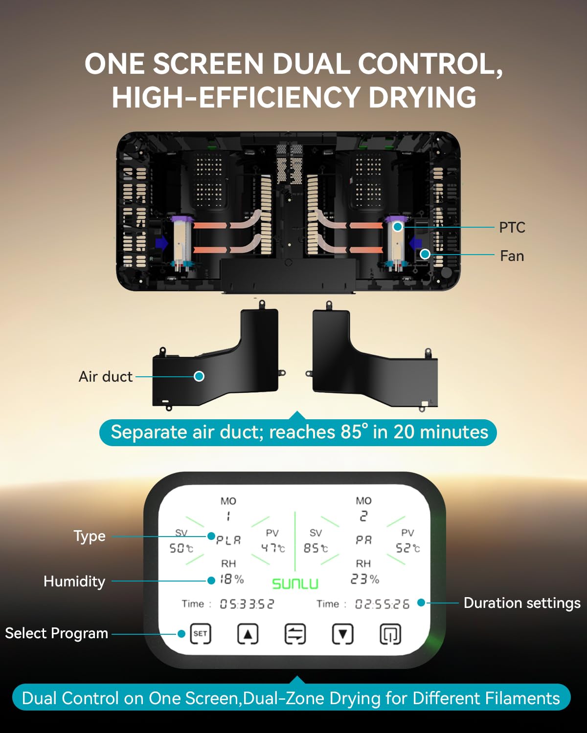 SUNLU Secador de filamento para impresora 3D S4 Pro, control de temperatura de doble zona, color negro | hasta 85 °C, calentador PTC de 380 W, recocido, control automático de humedad, para ABS/PLA/PETG/nailon