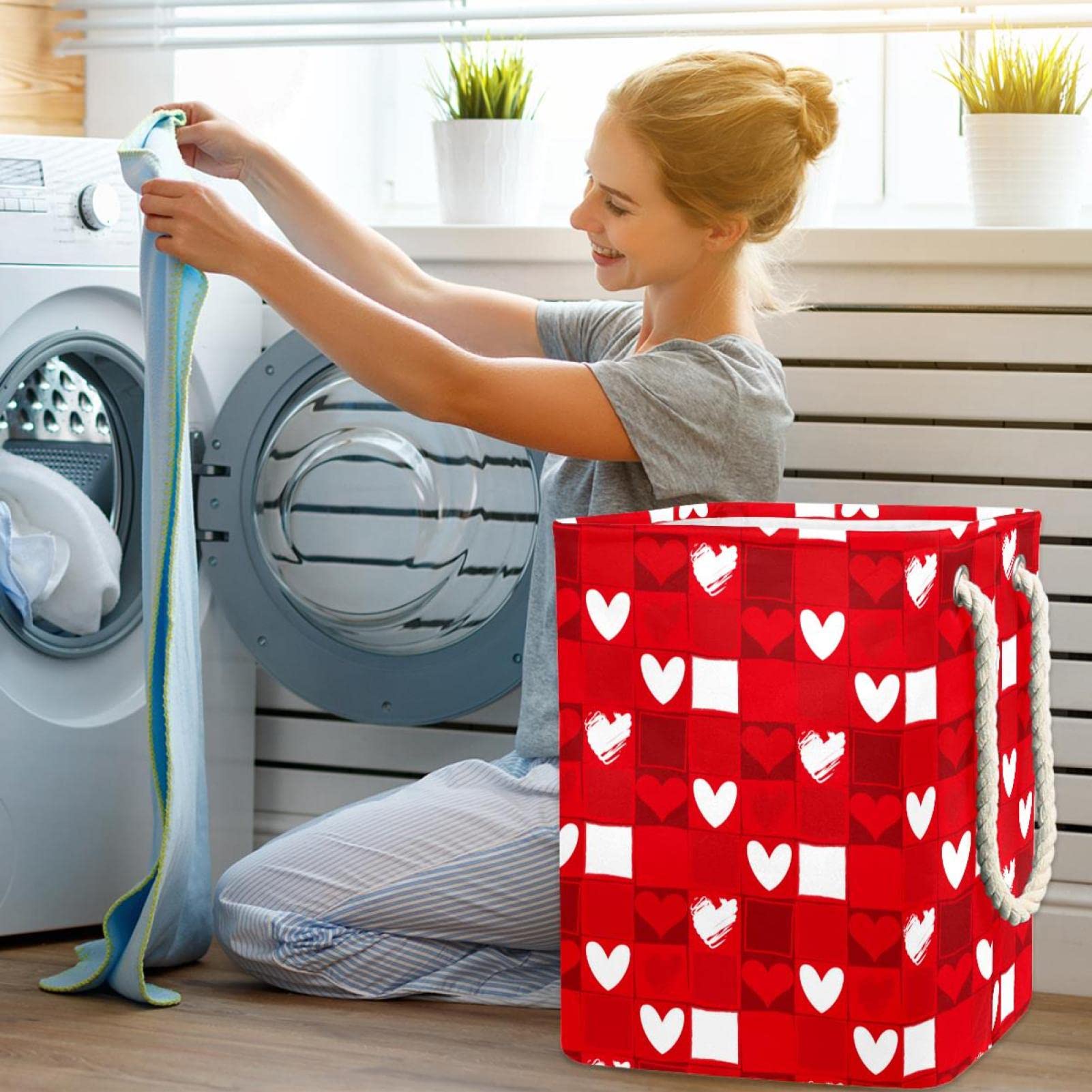 Cesta impermeable para la ropa sucia con asa, diseño de corazón rojo