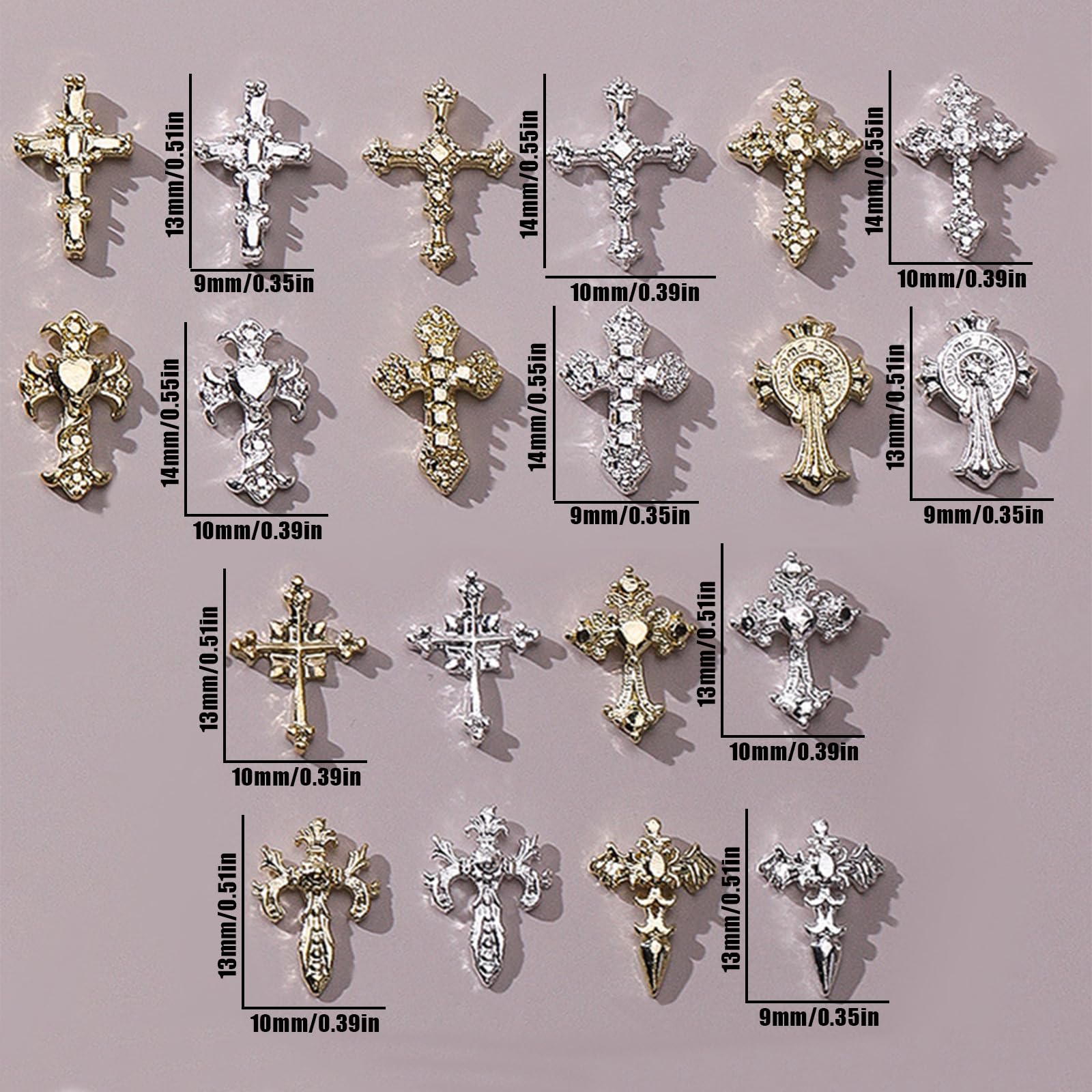 Cross Nail Charms,80Pcs Gold Silver Metal Cross Charms for Nails,3D Nail Studs and Rhinestones for Manicure Design Decorations DIY Crafts (D Gold Silver) - Image 2