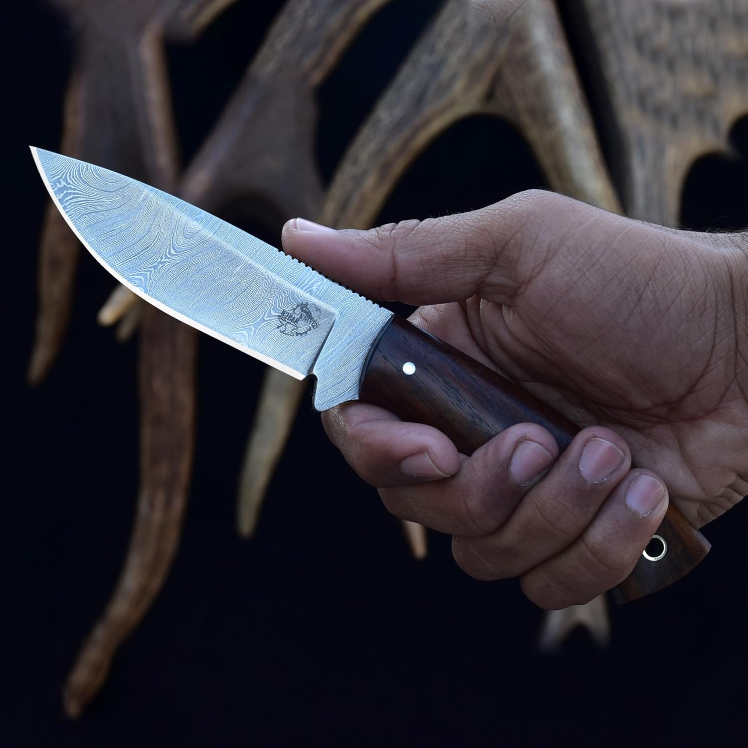 Knives Ranch Handmade Cardinal Bushcraft Damascus Steel Knife with Rosewood Handle and Heavy-duty Leather Sheath