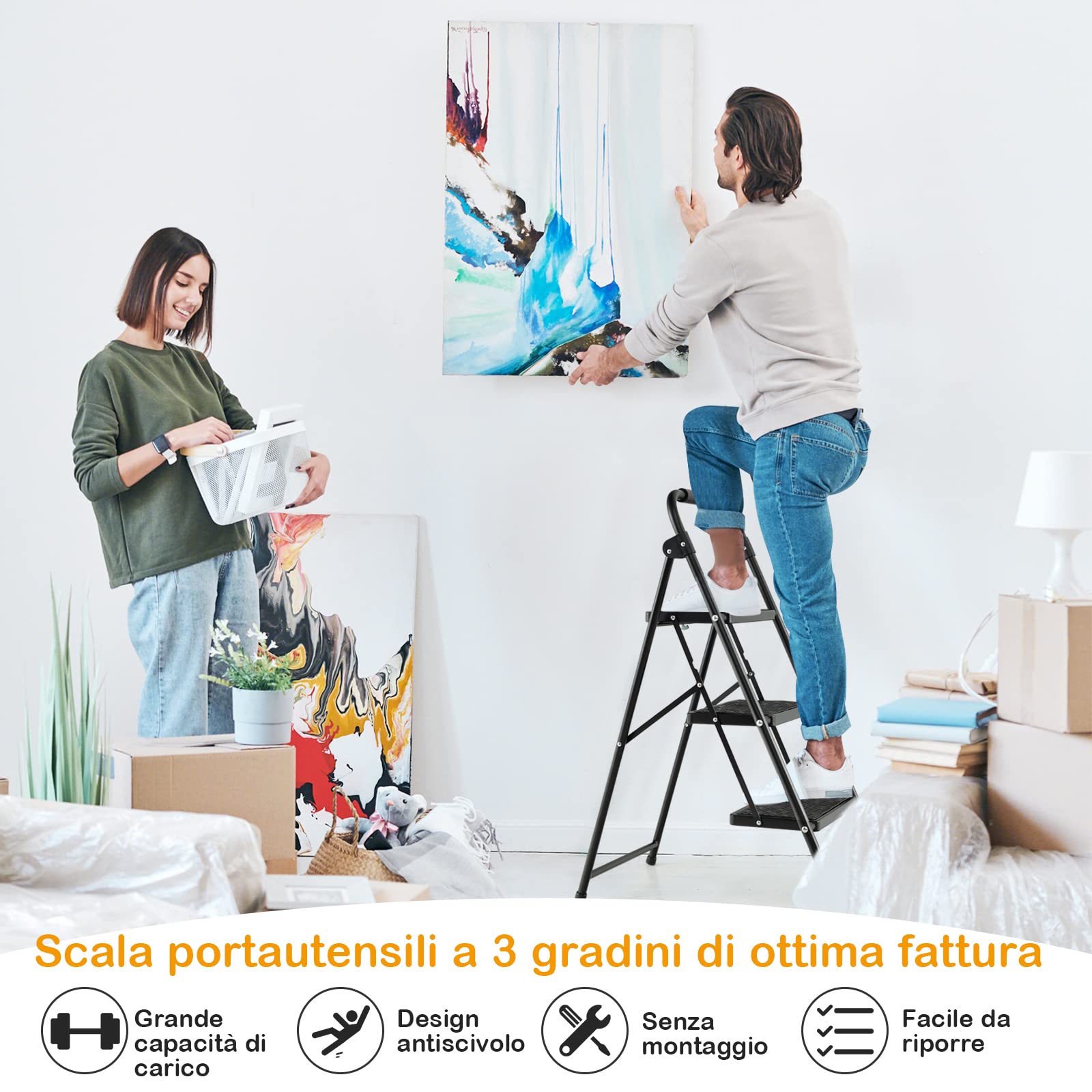 COSTWAY Scala Pieghevole a 3 Gradini con Corrimano in Metallo | Scaletta Pieghevole con Ampio Pedale, Piedi Antiscivolo, Carico 265kg, Nero