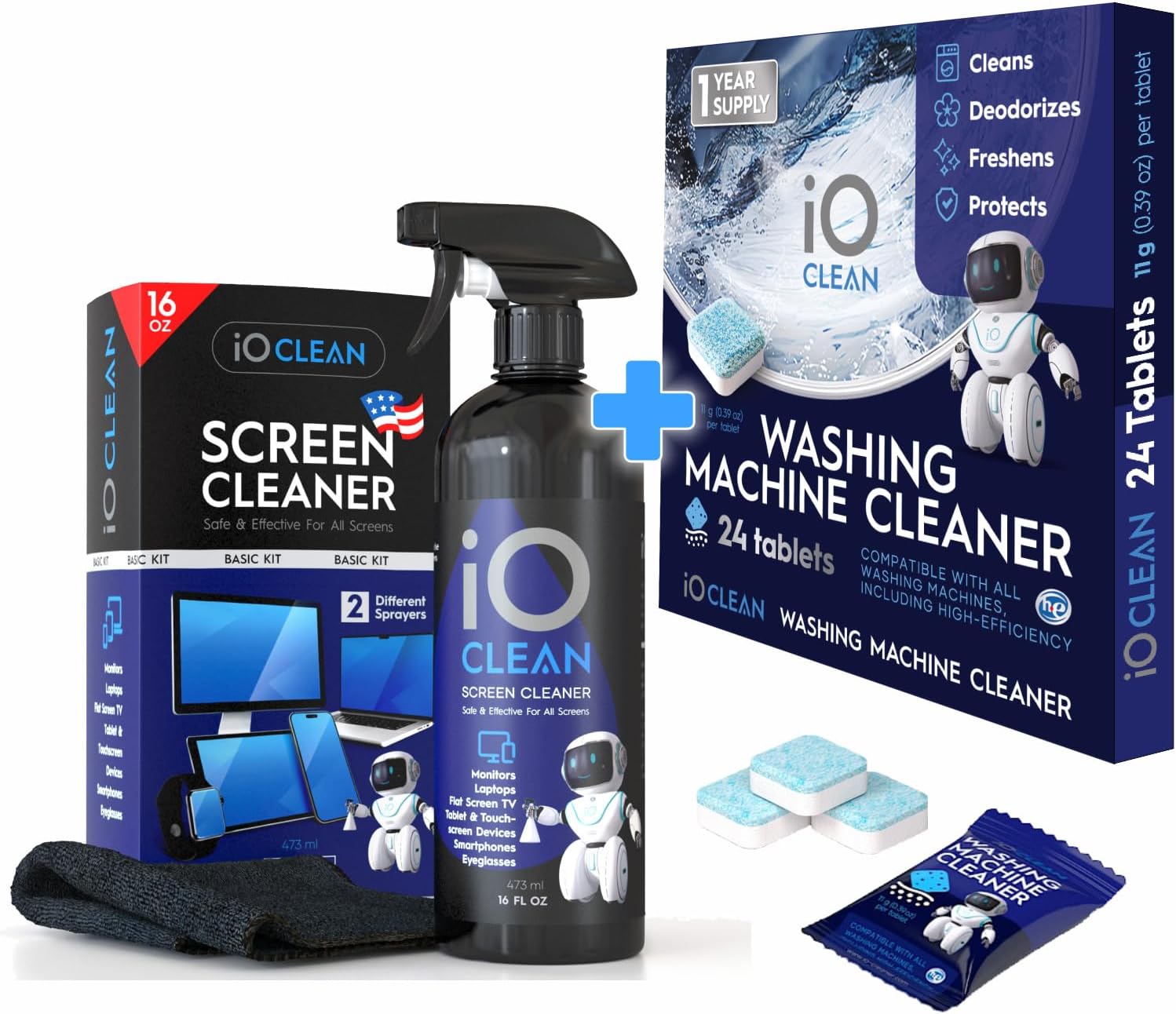 Screen Cleaner Spray (16oz) + Washing Machine Cleaner and Descaler Tablets 24 Pcs - Bundle of Two