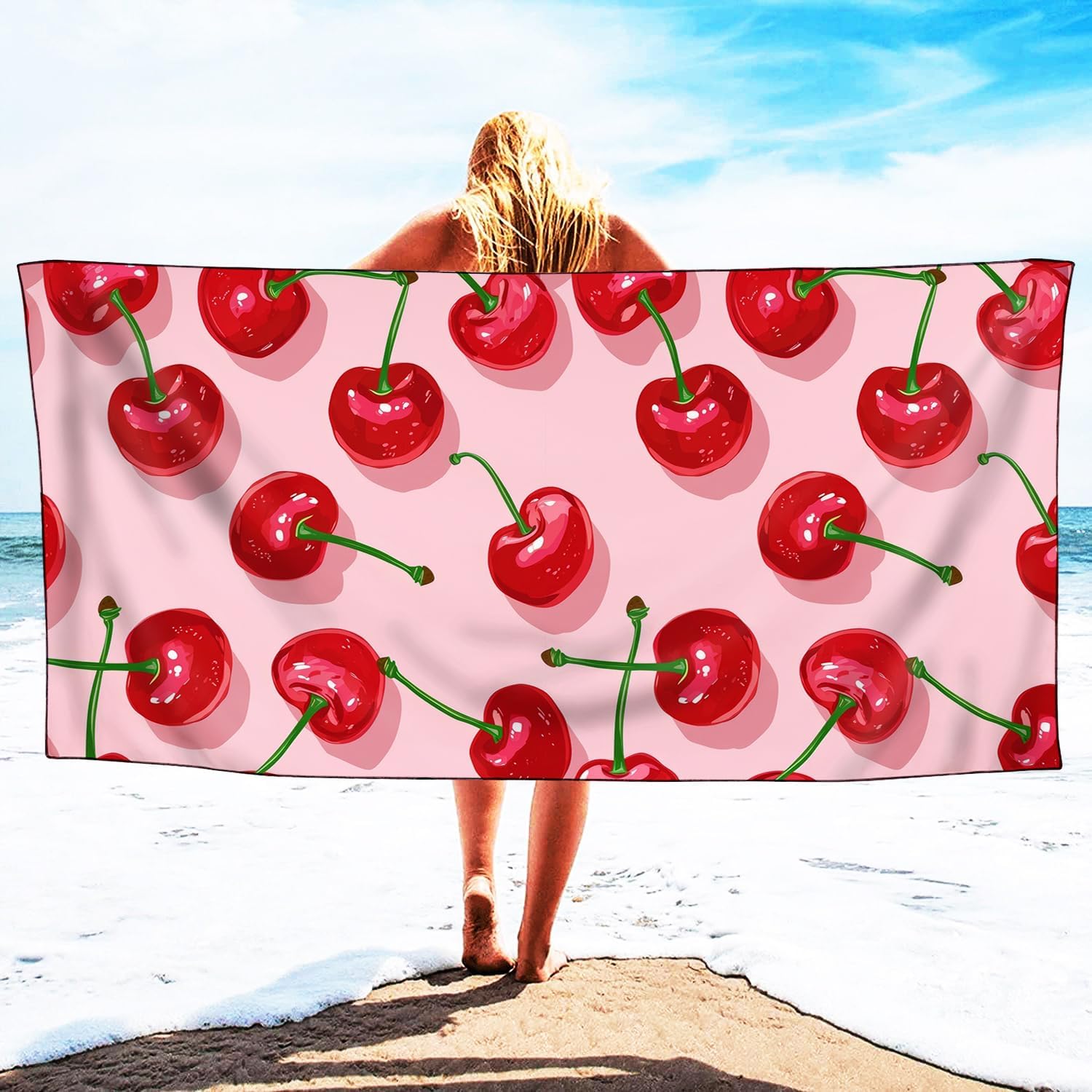 Cherry Pattern Beach Towel Extra Large 36" x 72", Thin Lightweight Microfiber Towels with Fruit Design, Sand Free and Quick Dry, Compact Bag