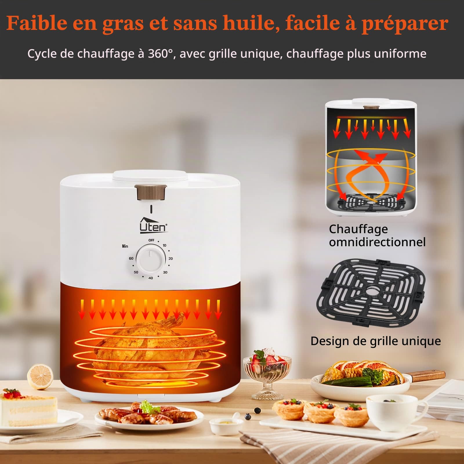 Friteuse Sans Huile, Uten 4L Friteuse à Air, 1500W Air Fryer -1 à 5 Personnes, Minuteur, Paniers Antiadhésifs, Sans BPA/PFOA