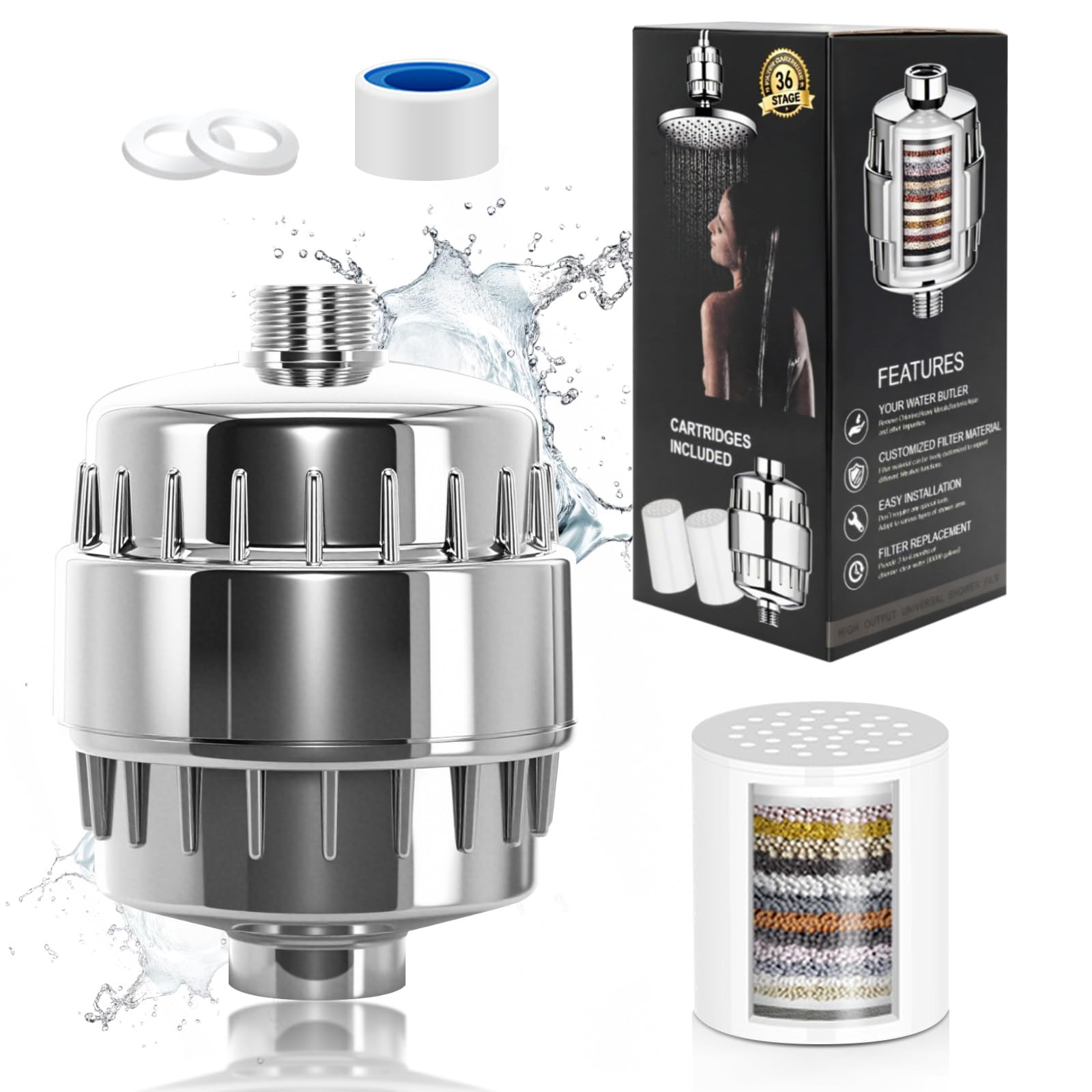 Filtro Ducha 36 Etapas con Vitamina C, Filtro Agua Ducha con 2 Cartuchos para Agua Dura, Filtro Ducha Antical, Elimina Los Metales Pesados y Cloro, Shower Filter, Mejora la Piel