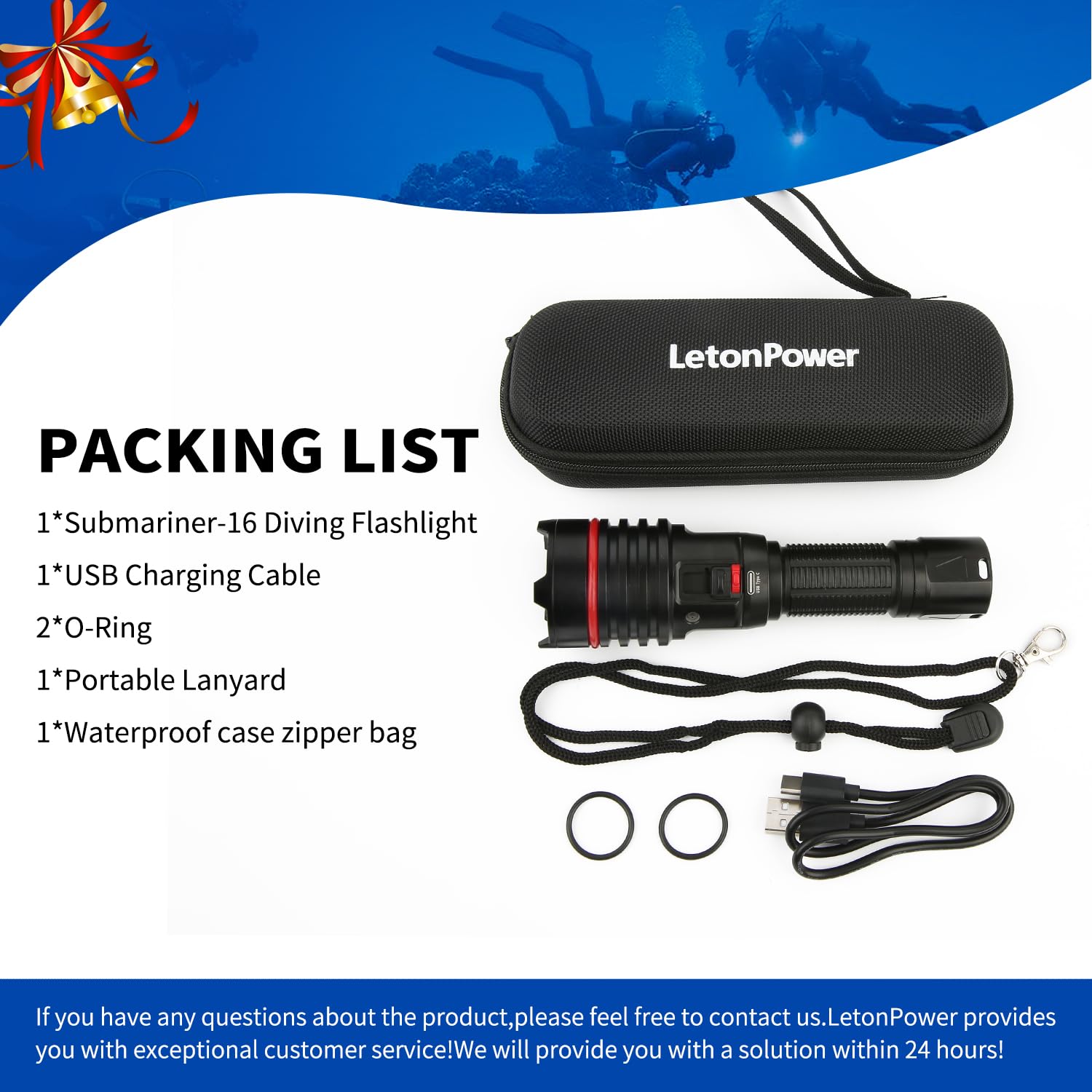 Lampe plongée, LetonPower 2000Lumens Lampe plongée sous marine,100m Lampe de plongée,lampe de plongée sous marine avec chargement Type-C pour les sports sous-marins extérieurs professionnels