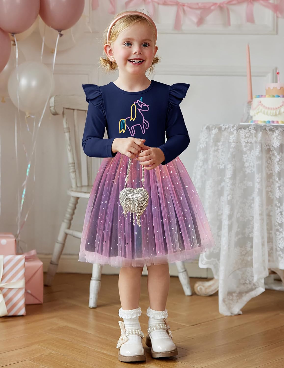 Arshiner Toddler Girls Tutu Dresses Long Sleeve Ruffle Fall Winter Holiday Star Sequin Tulle Dress 2-6Y - Image 2