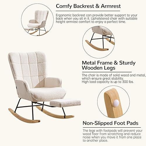 Miniatura 6 de Furniliving Mecedora para cuarto de bebé, moderna silla mecedora tapizada, mecedora con reposapiés retráctil, silla de lectura con respaldo alto,