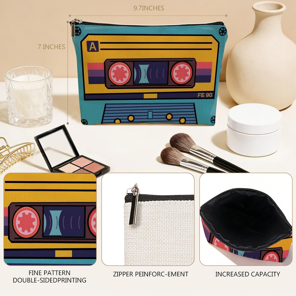 Retro Cassette Makeup Bag for Women, Retro Music Lovers Canvas Cosmetic Makeup Pouches with Zipper Travel Makeup Cosmetic Bags, Vintage Themed Toiletry Organizer Pouch Birthday Gifts - Image 3