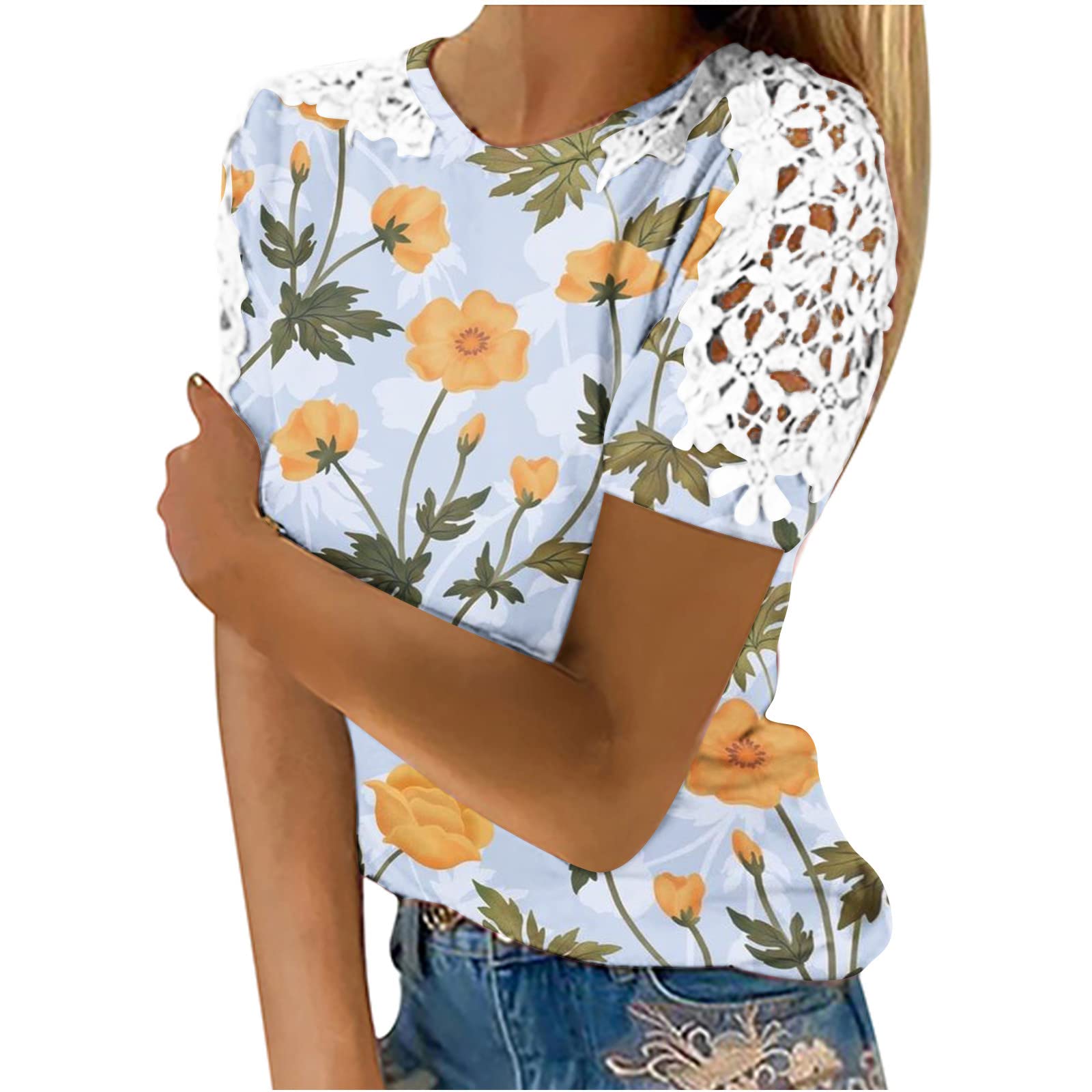 Oggfader Womens Summer Short Sleeve Basic T Shirts 2023 Casual Hollow Out Floral Sleeve Slim Tops Going Out Pullover Blouse