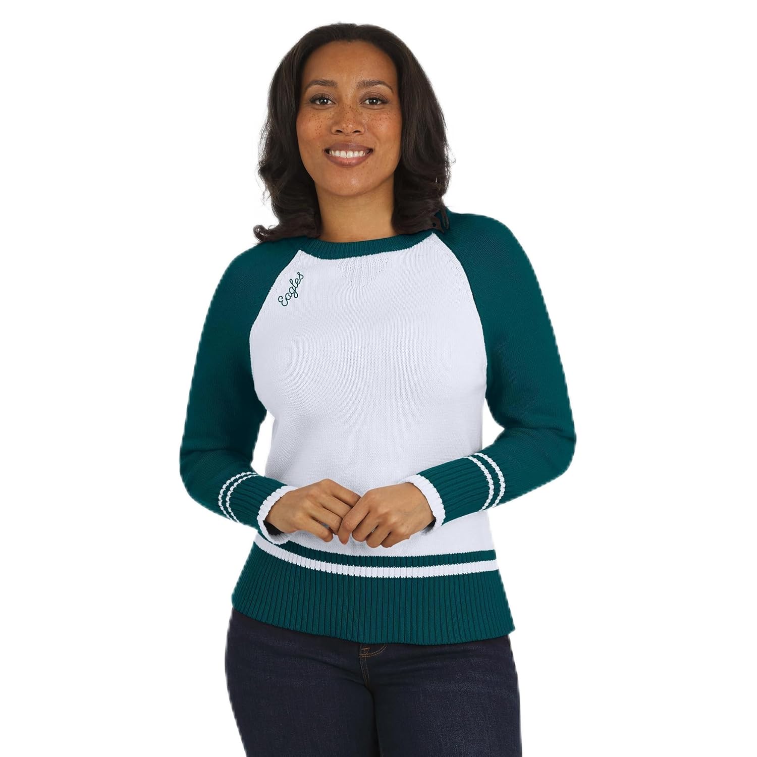 WEAR by Erin Andrews Womens White Midnight Green Philadelphia Eagles Colorblock Raglan Sweater