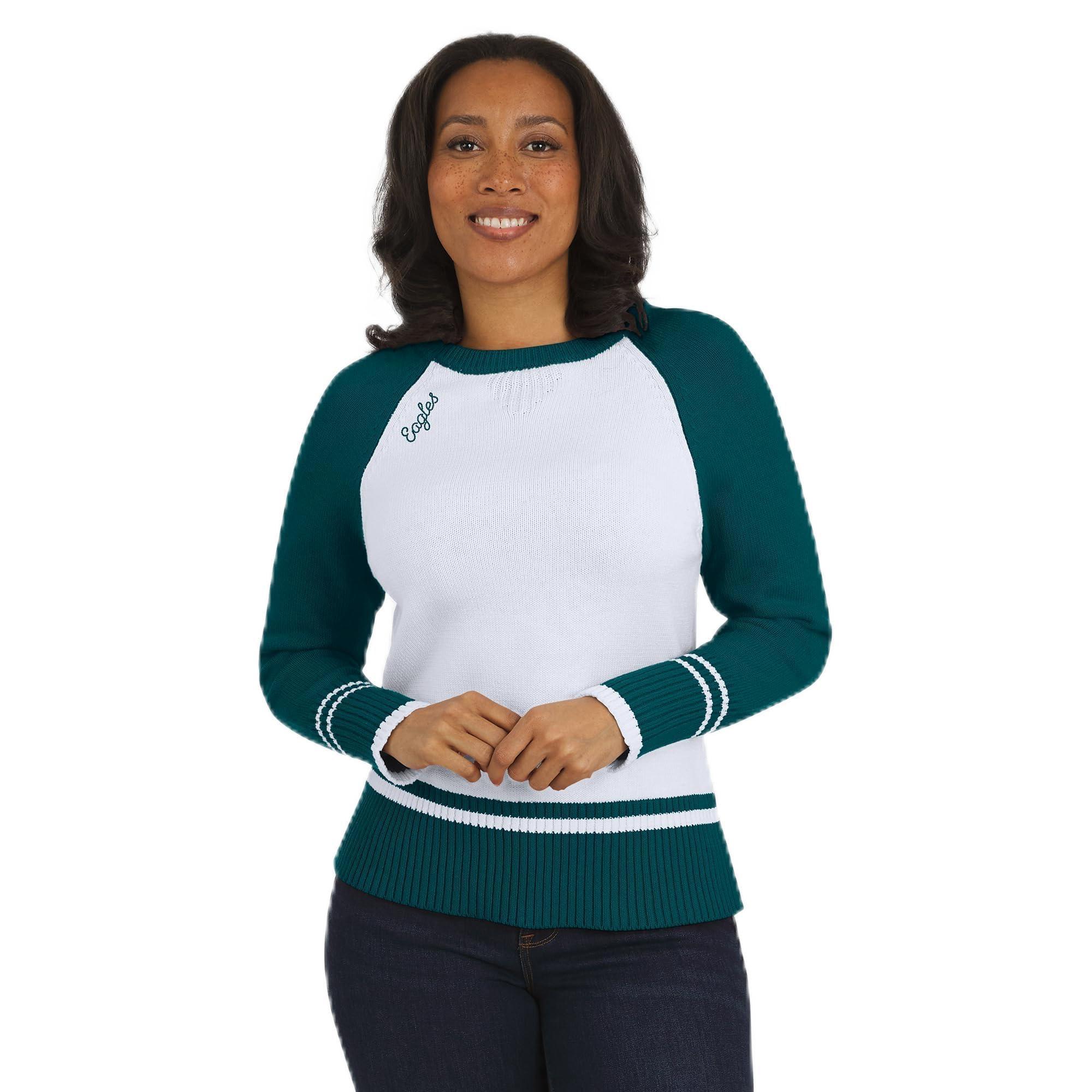 WEAR by Erin Andrews Womens White Midnight Green Philadelphia Eagles Colorblock Raglan Sweater