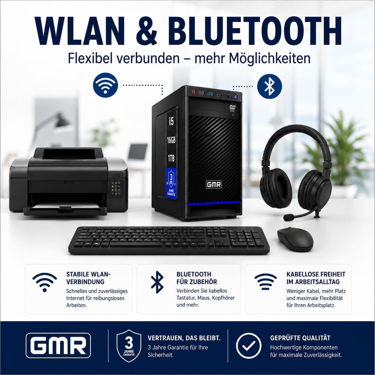 GMR Business PC für Büro, Homeoffice und Unternehmen | Bürocomputer mit Intel Core i5 | 16 GB RAM | 1 TB SSD | Windows 11 Pro | WLAN & Bluetooth | 3 Jahre Garantie