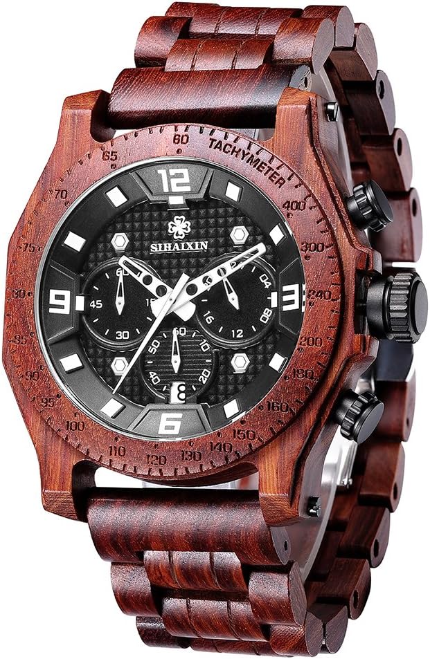 Wood Watches for Men Unique Hand-Made Men's Wrist Watch Chronograph Walnut Wood Band Luxury Business Quartz Wristwatch Waterproof Multifunction Date Watch Man SIHAIXIN A19G