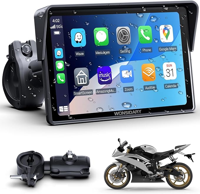 CarPlay Moto Senza Fili Compatibile con Apple CarPlay & Android Auto,Display Touch 5" IP67 Impermeabile con Doppio Bluetooth, Navigazione GPS,Controllo Vocale,Equalizzatore,Alimentazione USB/ACC