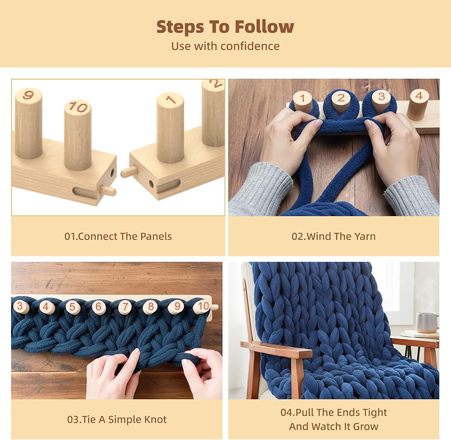 Esyun Chunky Blanket Loom Kit Large Yarn Loom for DIY Thick Throw Blankets Laser Engraving Laser-elngraved Numbered Pegs Design Complete Blanket Loom Set with Tools for Beginners & Experts