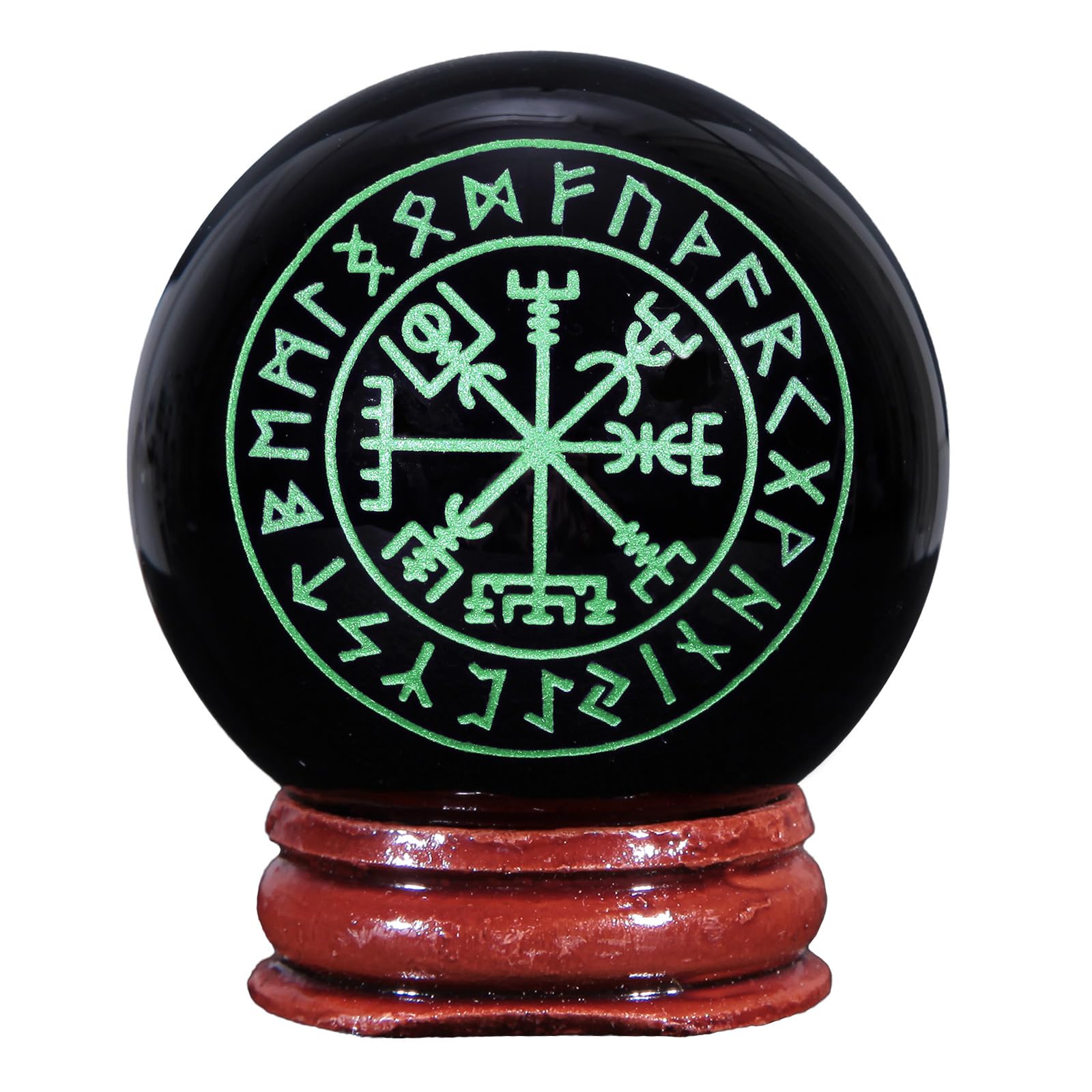 Rockcloud Healing Crystal Green Runes Black Obsidian Stone Sphere Meditation Ball with Wooden Base for Home Decoration