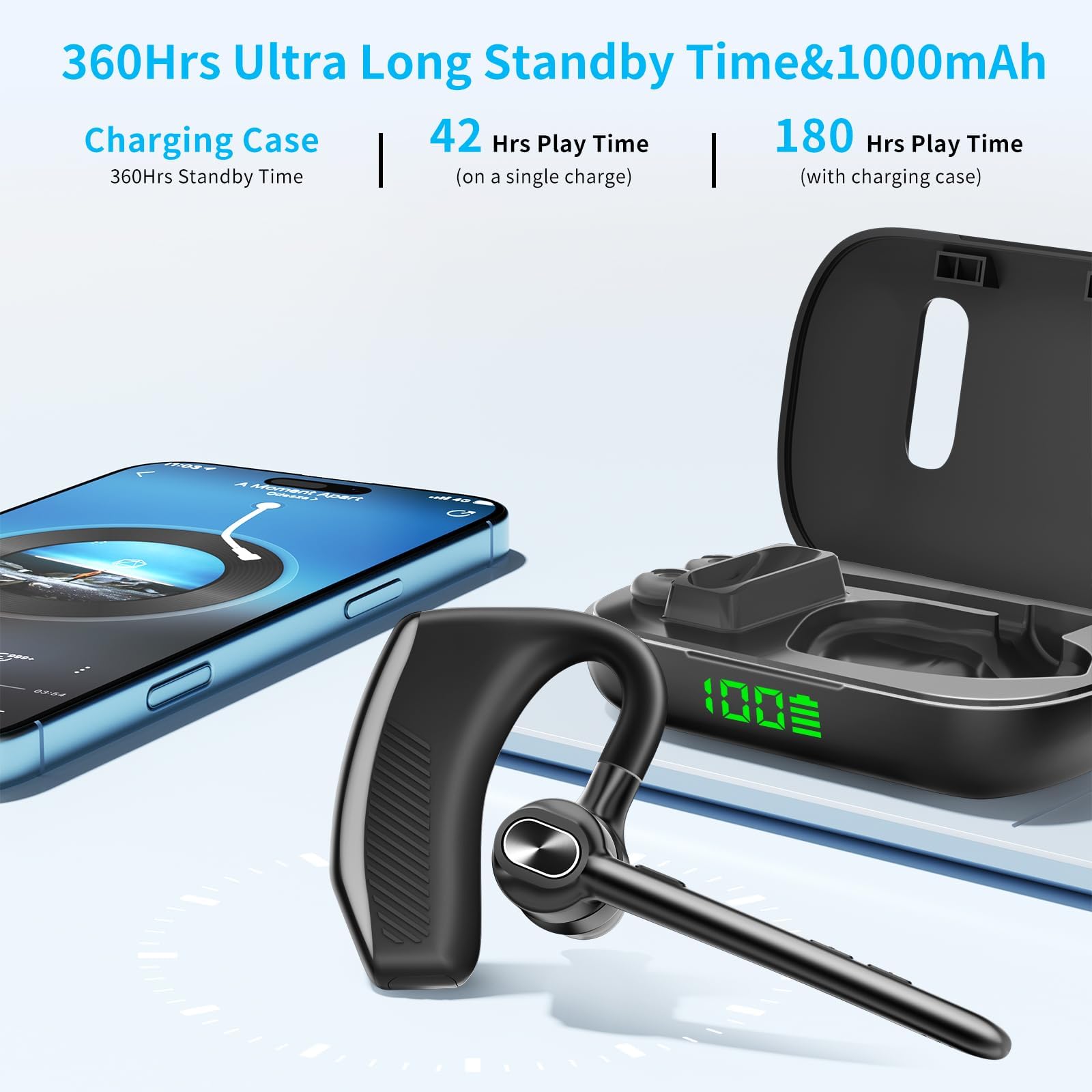 Auricolare Bluetooth senza fili con microfono 180 ore di riproduzione 1000 mAh Custodia di ricarica wireless vivavoce auricolare singolo auricolare display a LED per iPhone Android Cellulari PC