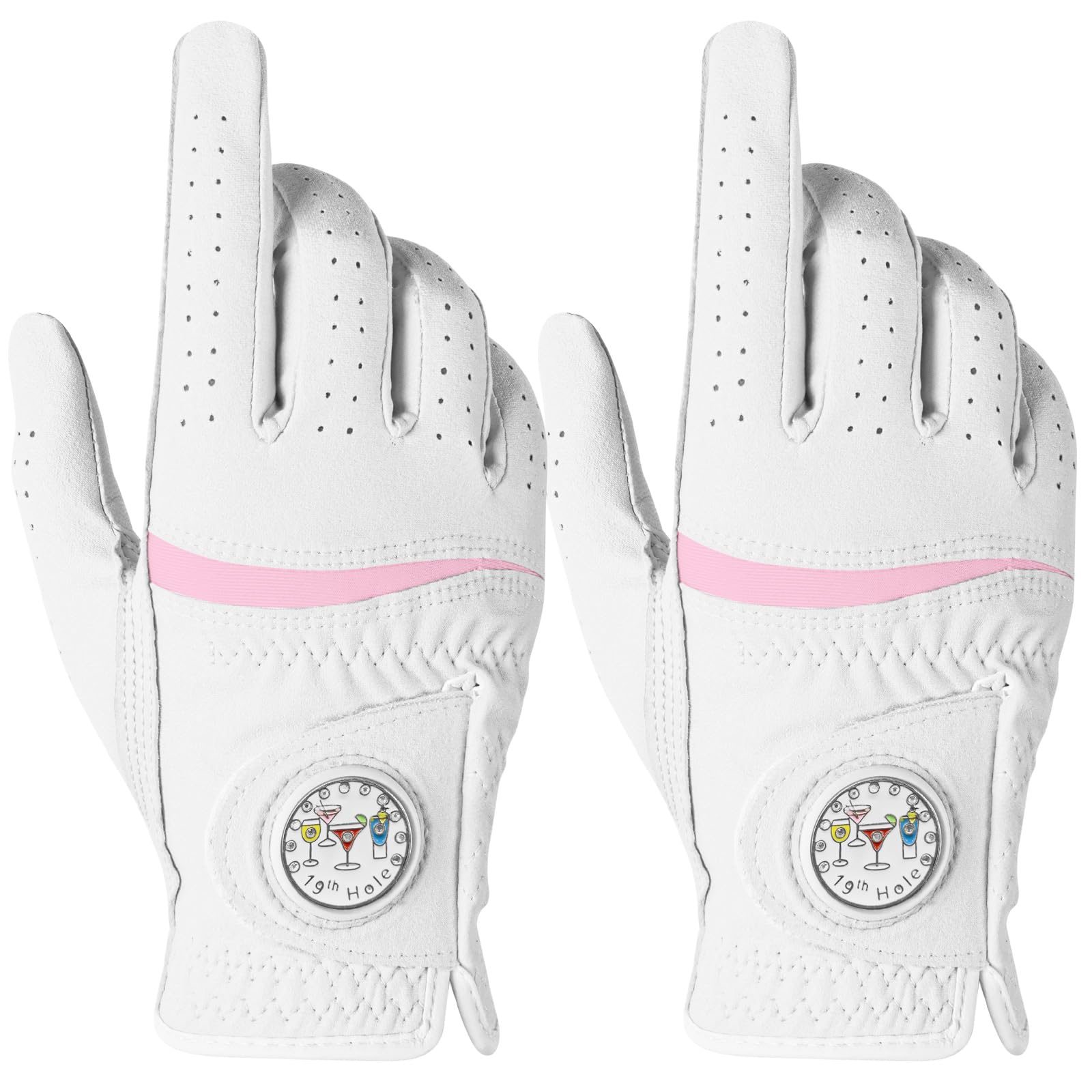 AXKAL Premium Comfortable Women's Golf Gloves with Ball Marker 2 Pack, All Weather Grip Soft Glove for Left Right Handed Golfers, Regular Breathable Fit Gift for Ladys (White, S Right)