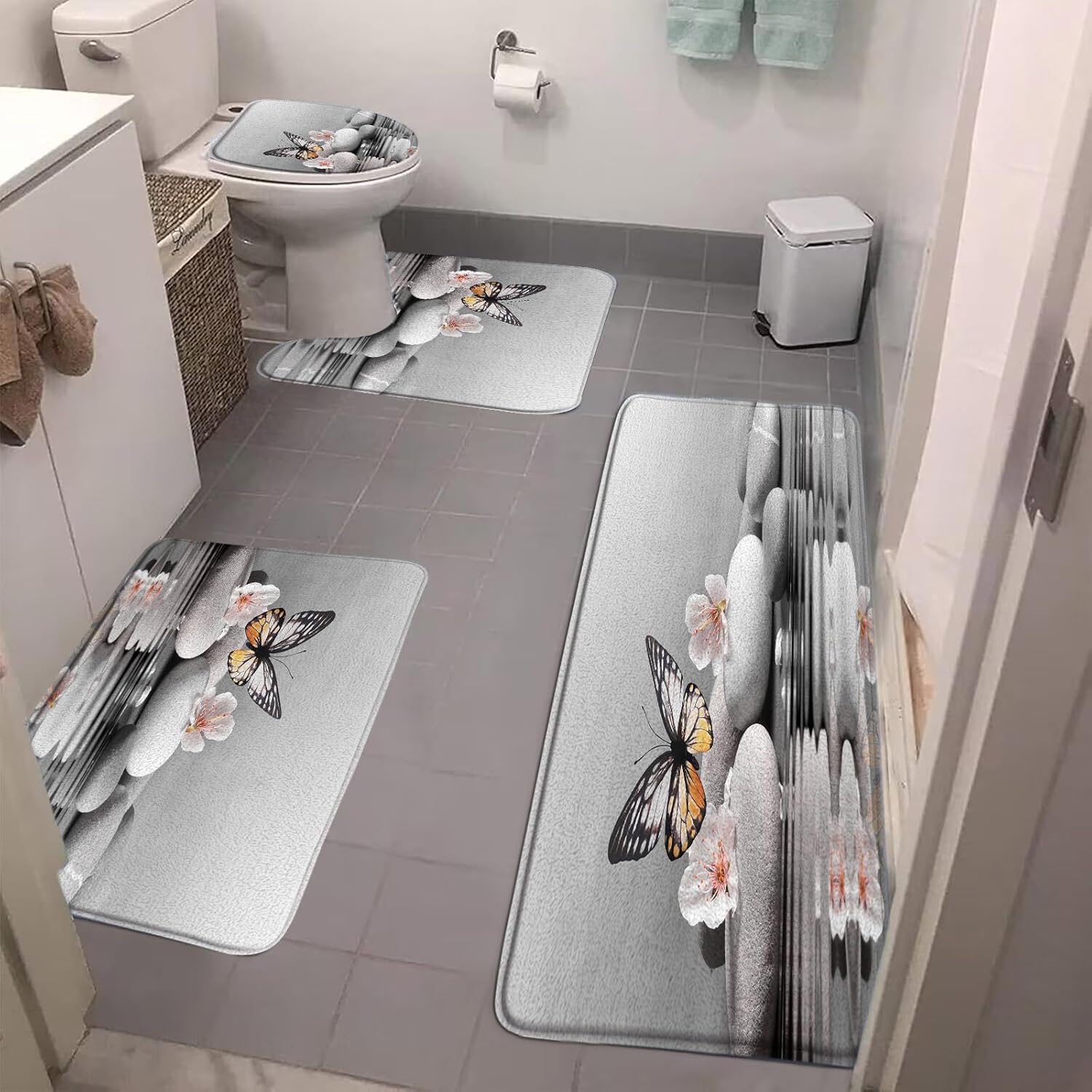 4 Pieces Bathroom Rug Sets,Spa Garden Floral Water Zen Stone Butterfly Gray Blush 16"x24"and 16"x48"Bath Mats,Toilet Cover,U-Shaped Toilet Mat