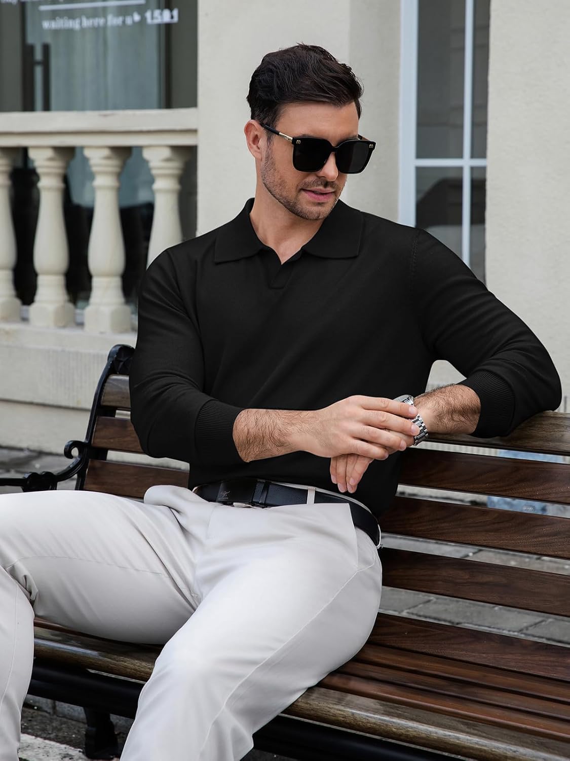 Mens Knit Polo Sweater Long Sleeve V Neck Casual Golf Polo Lightweight Collar Pullover Sweaters - Image 4