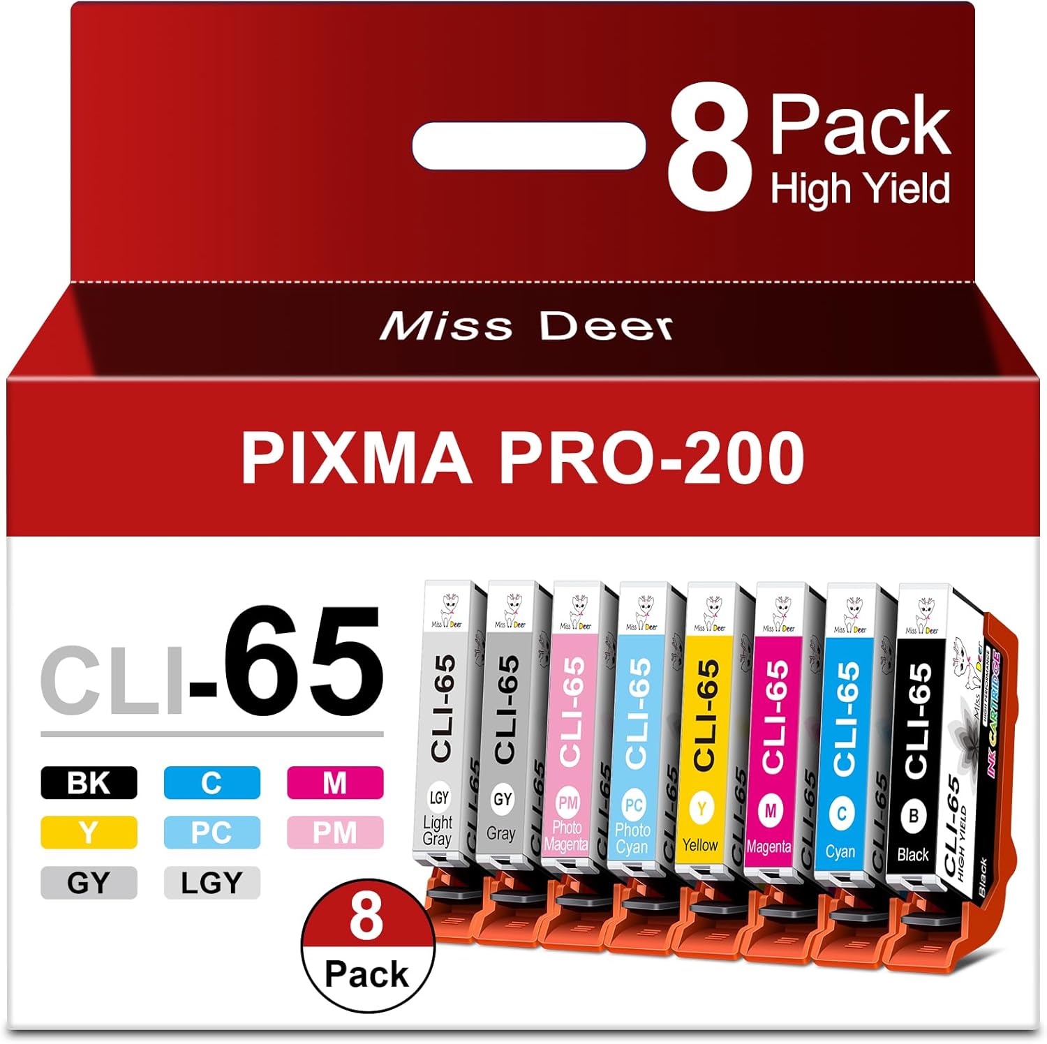 MS DEER 65XL Ink Cartridge, Compatible for Canon CLI-65 XL CLI65 High Yield Work with PIXMA Pro 200 Pro-200 Pro 200s Pro200 Printers 8 Pack (1 BK, 1 C, 1 M, 1 Y, 1 PM, 1 PC, 1 GY, 1 LGY)