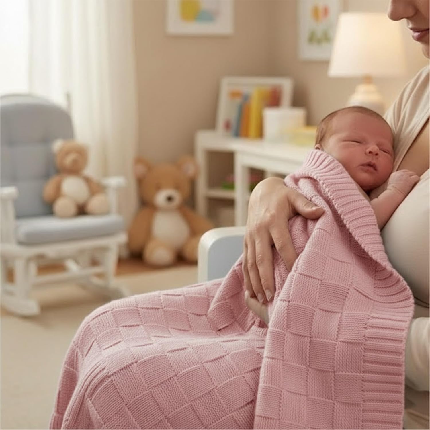 Baby Knit Blanket, 100% Cotton Checkered Patterns, Soft, Cozy, Lightweight Swaddle for Newborn & Infant Swaddling Beige Neutral, Perfect Baby Shower Ideas Rose Pink 30x40