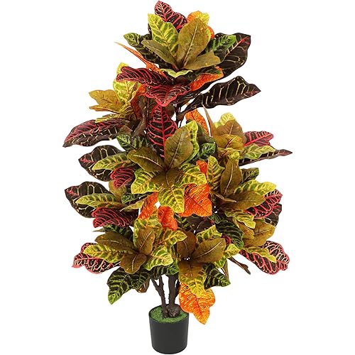 VIAGDO Artificial Croton Plant 43in Tall 142 Colorful Leaves Faux Croton Palm Tree in Pot Decorative Silk Plants with Planter Artificial Plants for Home Decor Indoor
