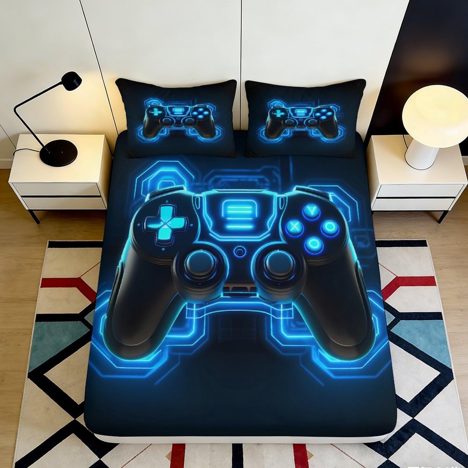 3D Printed Neon Gamepad Fitted Sheet Microfiber Soft Black Blue Gamer Controller Mattress Cover Bedroom Decor 90x200x25cm