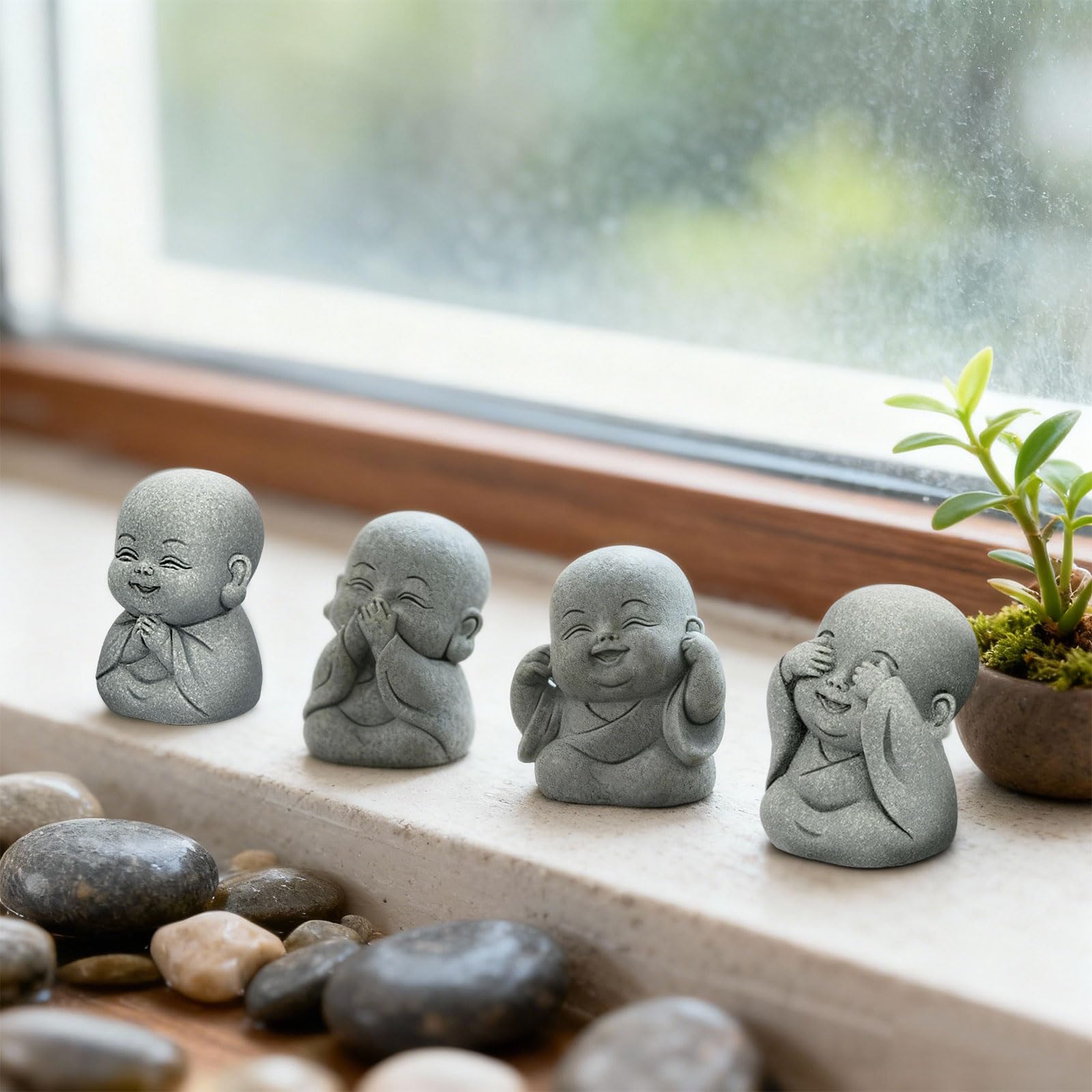4Pcs Baby Buddha Statue Set, 2 Inch Mini Zen Monk, Sandstone Buddha for Desk Decor, Laughing Buddha for Good Luck, Car Dashboard, Home & Living Room Decor with Blessing Amulet