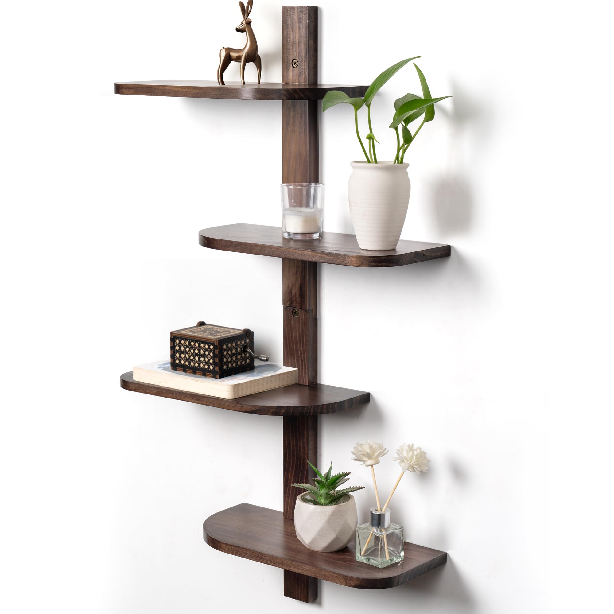 Afuly Étagère Murale Verticale 4 Niveaux en Bois Marron, Gain de Place | Bois massif, angles arrondis, rangement vertical pour plantes, livres et déco, salle de bain, cuisine et salon