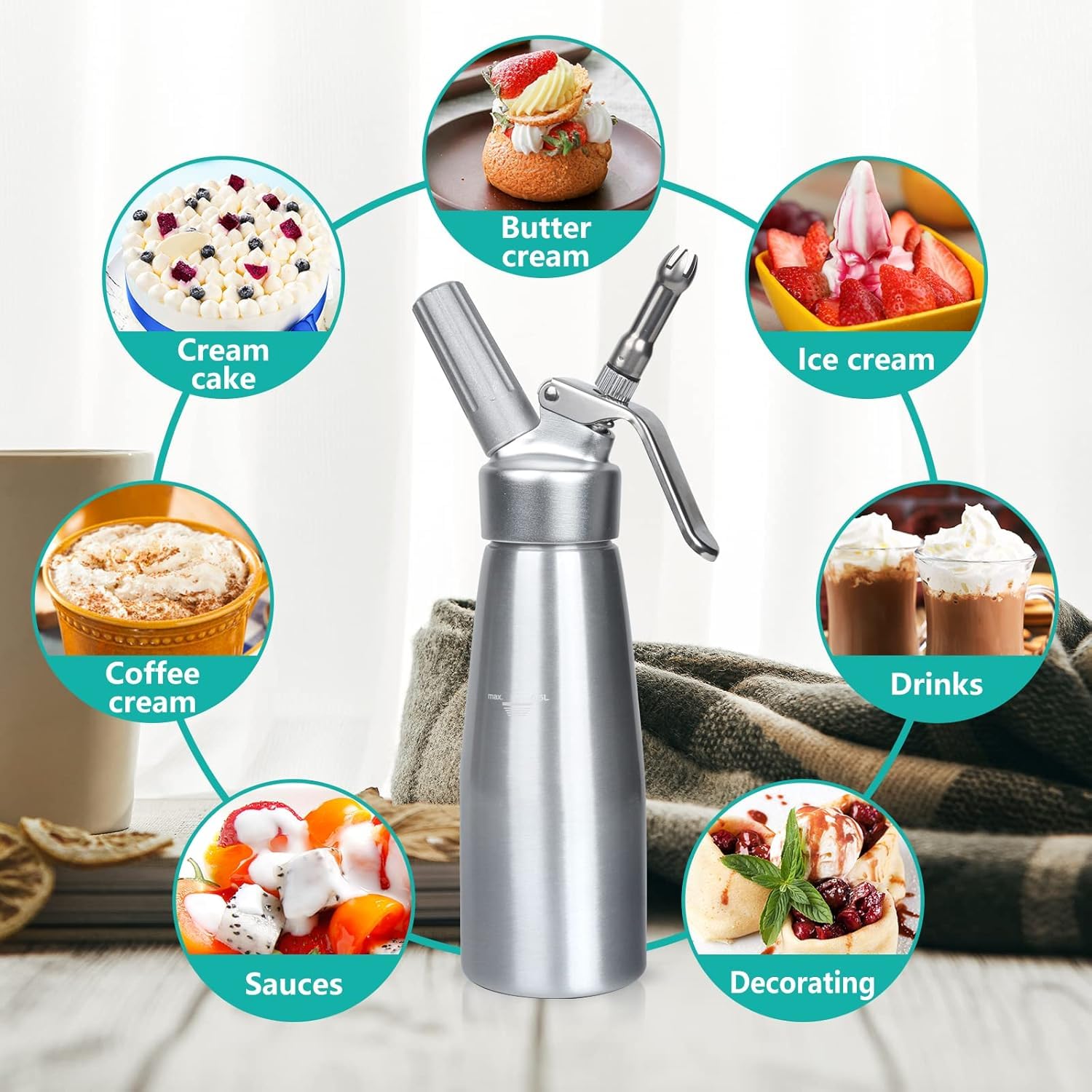 500 ml Sifón de Cocina Espumas, con 3 Boquillas y 1 Cepillo, Sifon de Nata para Decorar Pasteles de Cumpleaños