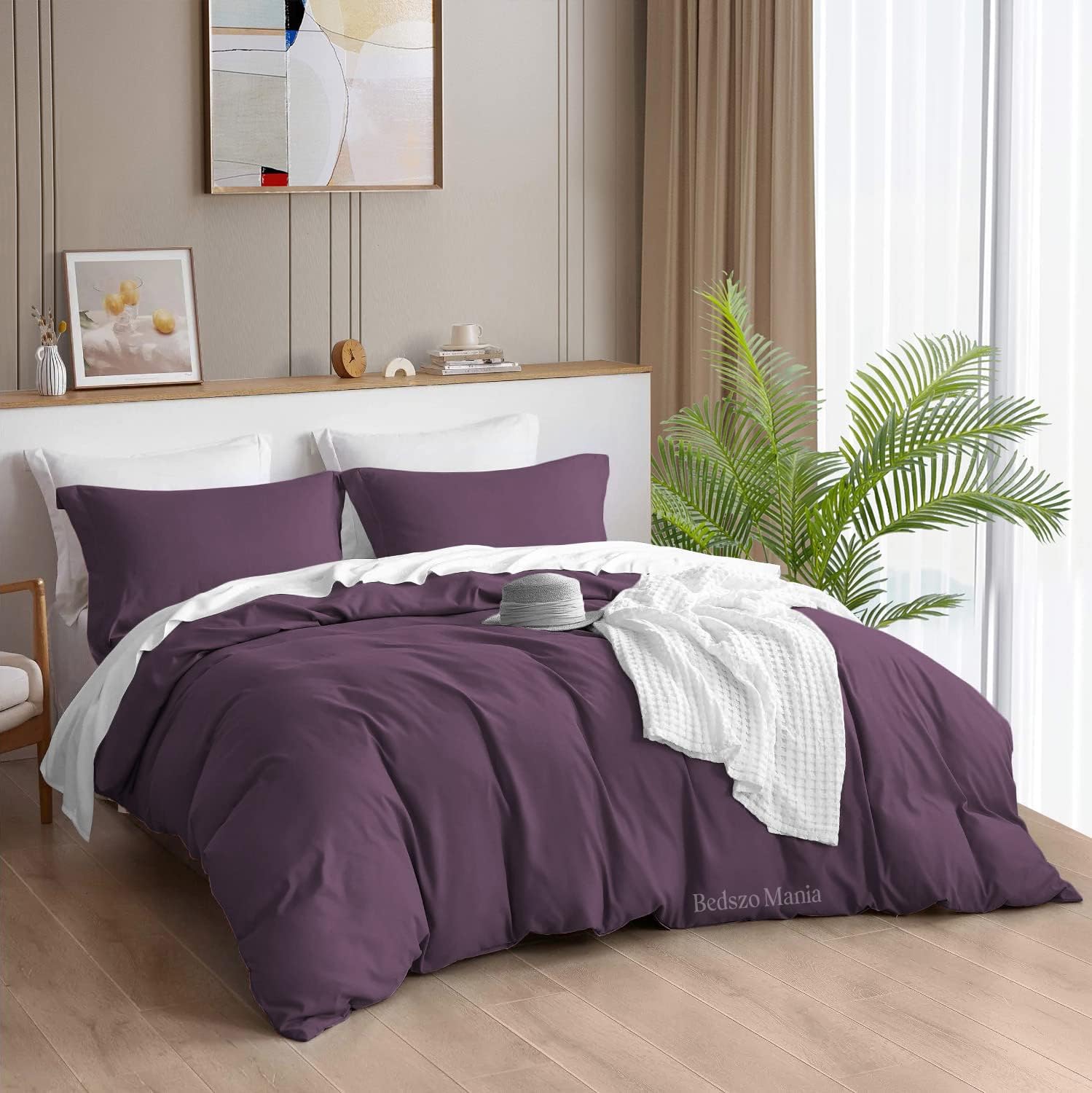 Plum Duvet Cover Alaskan King 3 PCs 600 TC Egyptian Cotton Comfy Soft Quilt Cover Breathable & Six Corner Ties (3 PCs Duvet Cover Set in 132" x 120" Inch 2 Pillow Shams in Size 20"X40")