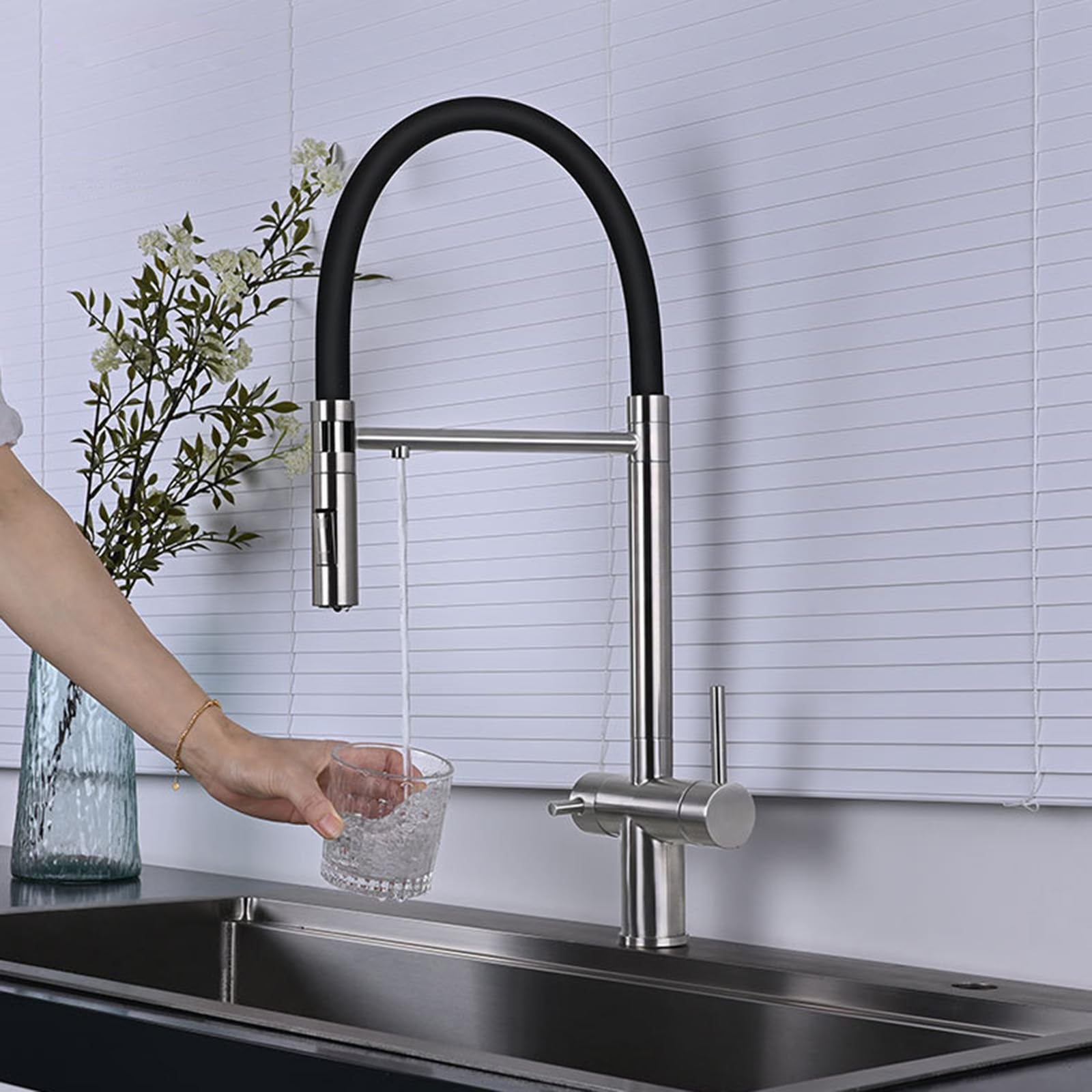 Grifos Cocina Fregadero Extraible 3 Modo Doble Manija Grifo Flexible de Agua Potable en Acero Inoxidable,Oro Rosa