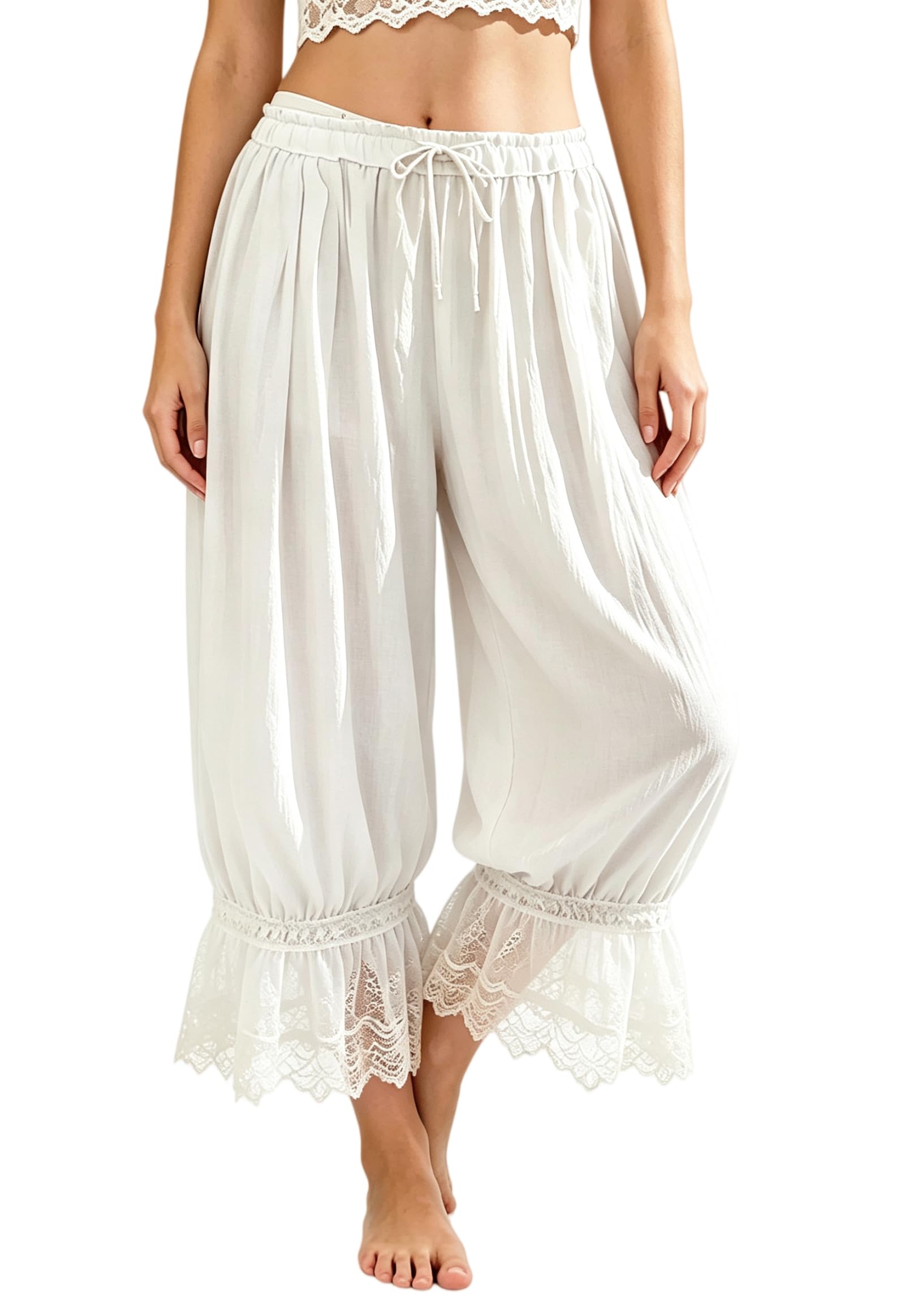 Women Lace Trim Long Bloomers Ruffle Pantaloons Culottes