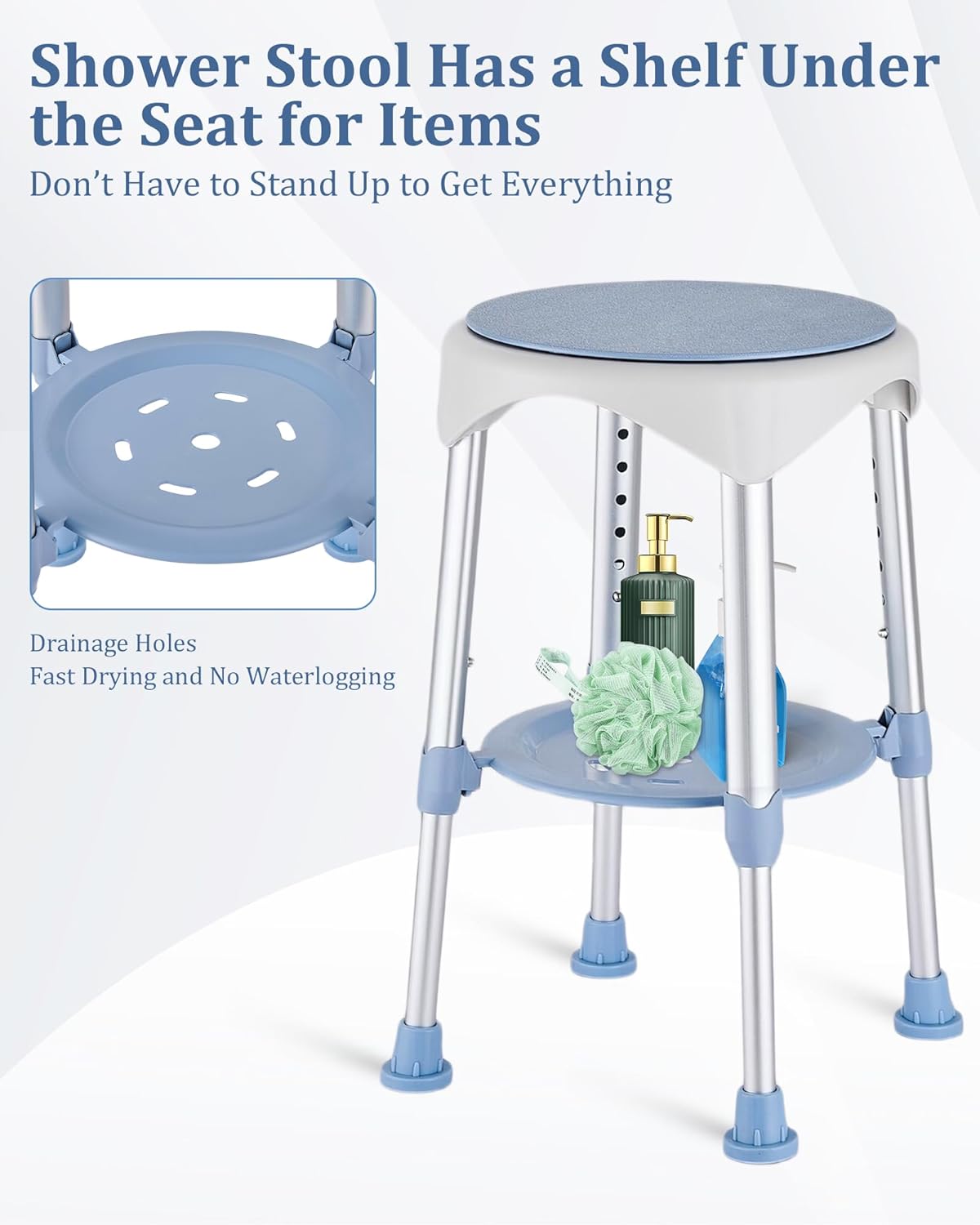 Shower Stool with Storage Tray, Height Adjustable Rotating Shower Chair for Seniors and Adults, 360° Swivel Tub Transfer Bench for Bathroom and Inside Shower (Blue)