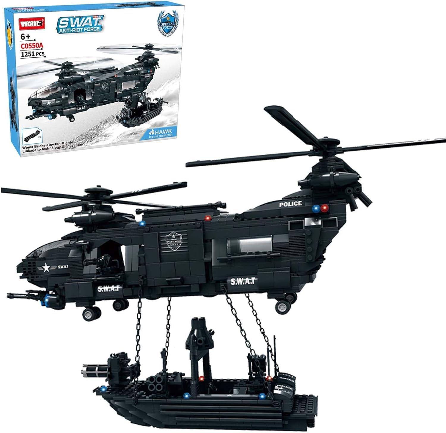 WOMA C0550A Juego de Bloques de construcción: Helicóptero Swat Hawk Juego de construcción Educativo para niños (1251 Piezas)