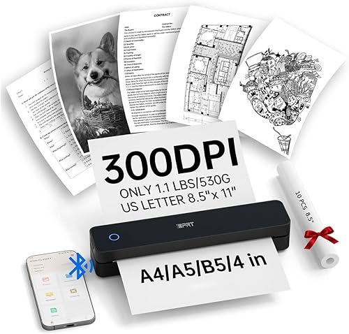 iDPRT Impresora térmica portátil, 300DPI Inkless-Bluetooth impresoras móviles pequeñas inalámbricas para viajes, oficina, vehículos, uso doméstico,