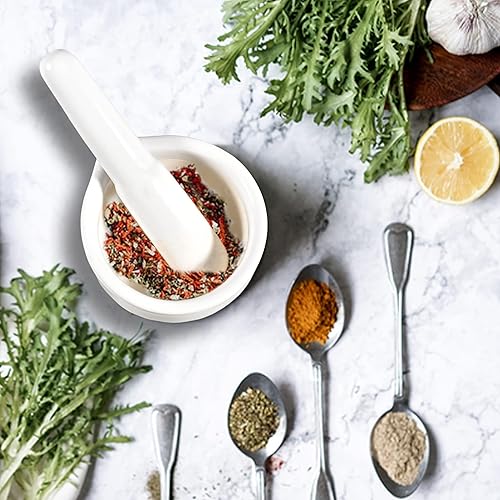 Miniatura 7 de Juego de mortero y mortero de porcelana, trituradora de píldoras con mano de mortero largo, molcajete pequeño de 7 onzas, molinillo manual para