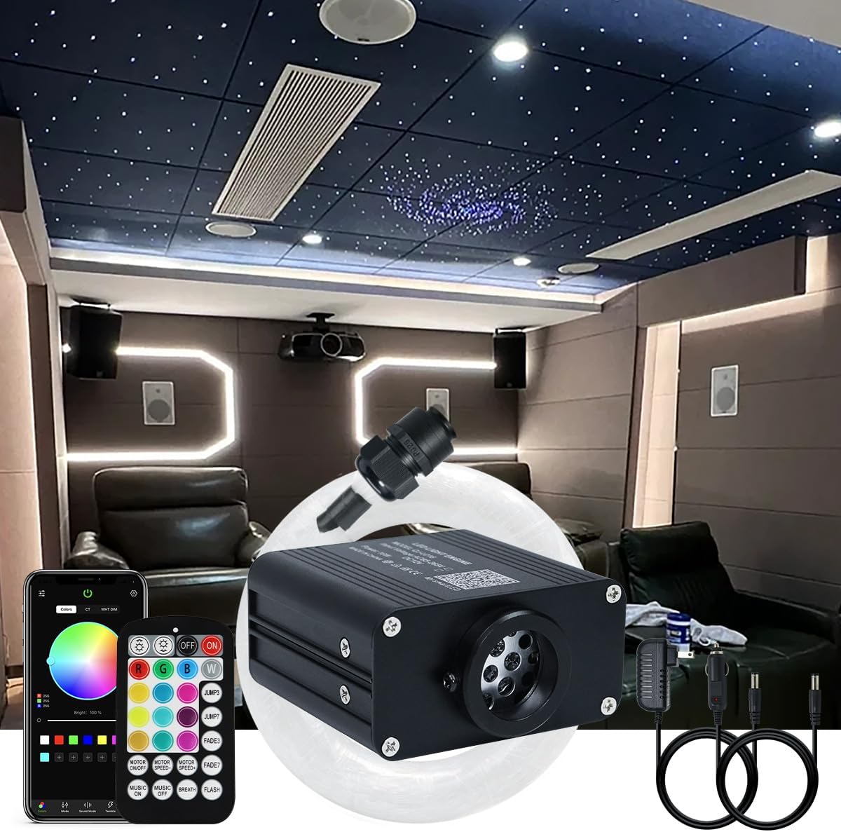 AKEPO 16W Small Size RGBW Twinkle Fiber Optic Light Kit, APP Music Activated Mixed 460pcs 9.8ft/3m Optical Fiber Star Ceiling Light Kit for Car Headliner Star/Home