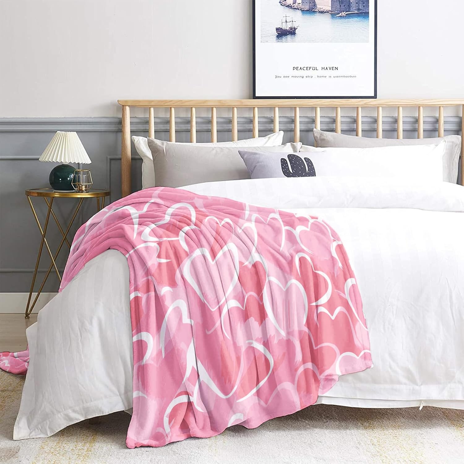 Pink Heart Blanket King Size, Cute Fleece Throw Blanket for Couch Bed Sofa, Hearts Patterned Blankets and Throws, Super Soft Cozy Plush Flannel Blanket, 108x90, Decor & Gift