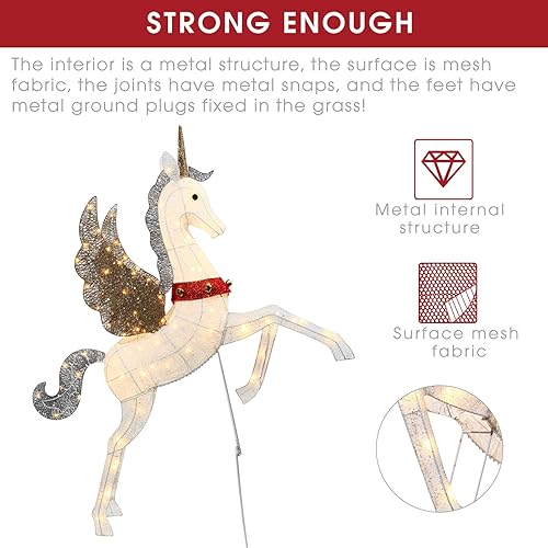Miniatura 5 de Unicornio de Navidad de 4.7 pies para decoración de patio al aire libre, a prueba de clima, con 140 luces LED blancas cálidas, estacas de suelo,