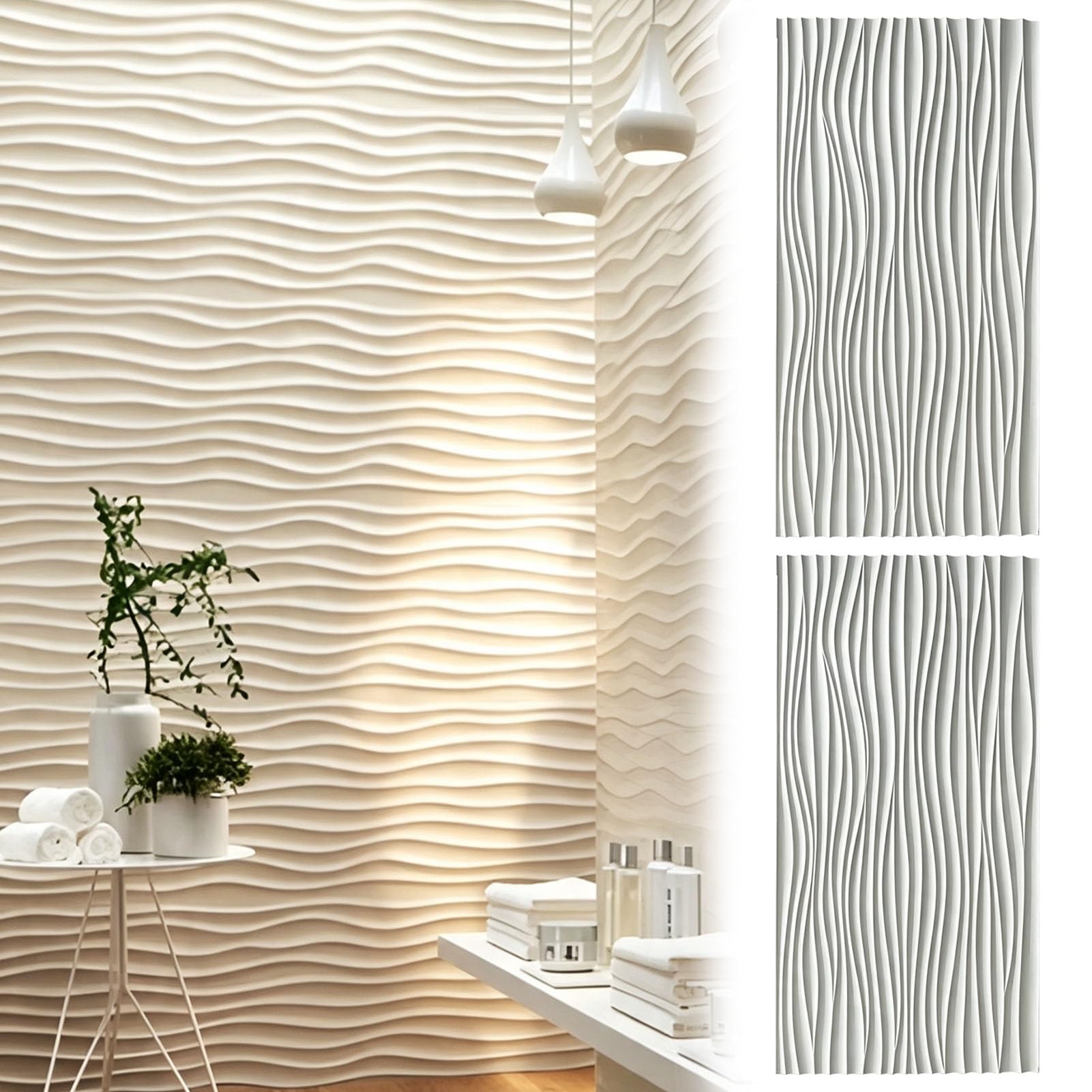 Pannelli Decorativi per Pareti Set da 2 Pannelli Murali 3D Ondulati in PU | Rivestimento Murale Decorativo Testurizzato Bianco Opaco, Rivestimento Murale Impermeabile e Leggero, Pannelli Decorativi