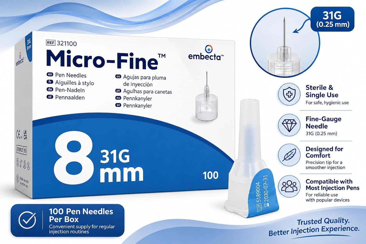 Embecta Micro-Fine Pen Needles 31G x 8mm , Formerly BD Ultra-Fine, Sterile Single-Use Pen Needles for Compatible Injection Pens, 100 Count