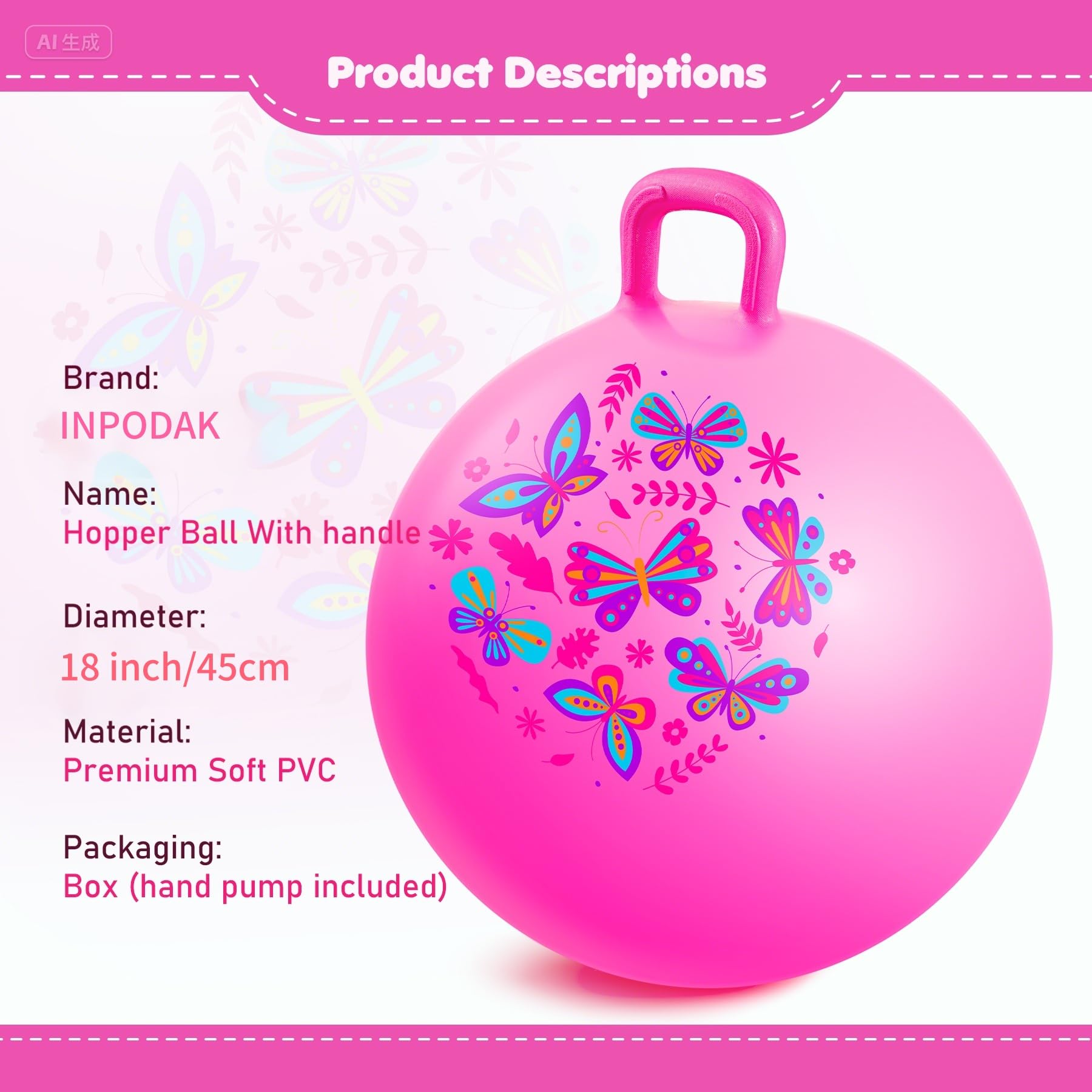INPODAK Space Hopper 18inch Space Hoppers for Kids Age 3-8 Anti-slip Jumping Ball with Handle Inflatable Hopper Ball With Pump Hopping toy for Boy Girls Indoor Outdoor garden Game - Image 3