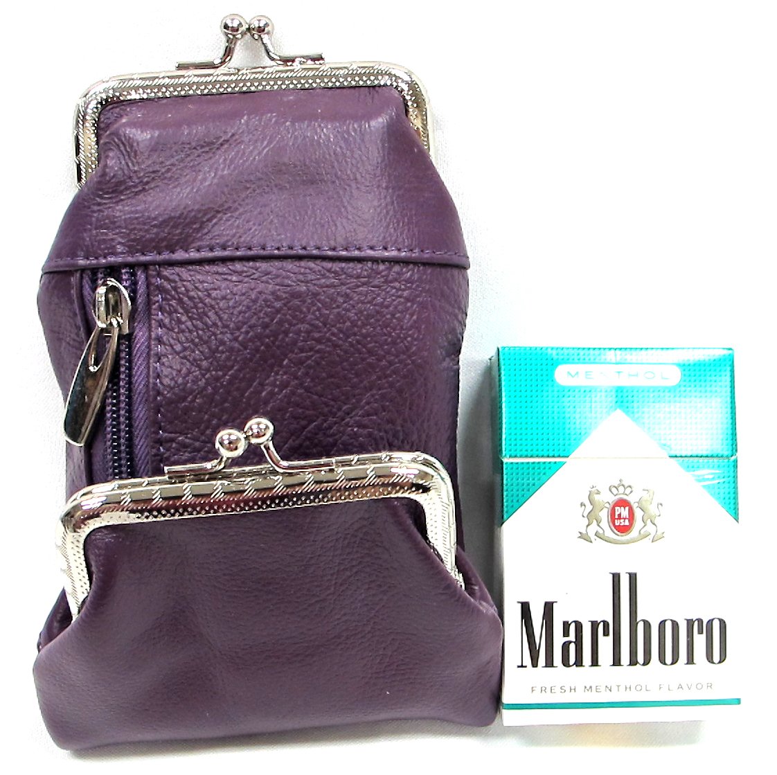 Deluxe Genuine Leather Cigarette and Lighter Case with Zipper Pocket Twist Clasp Kiss Lock Closure Fit 100's - Purple
