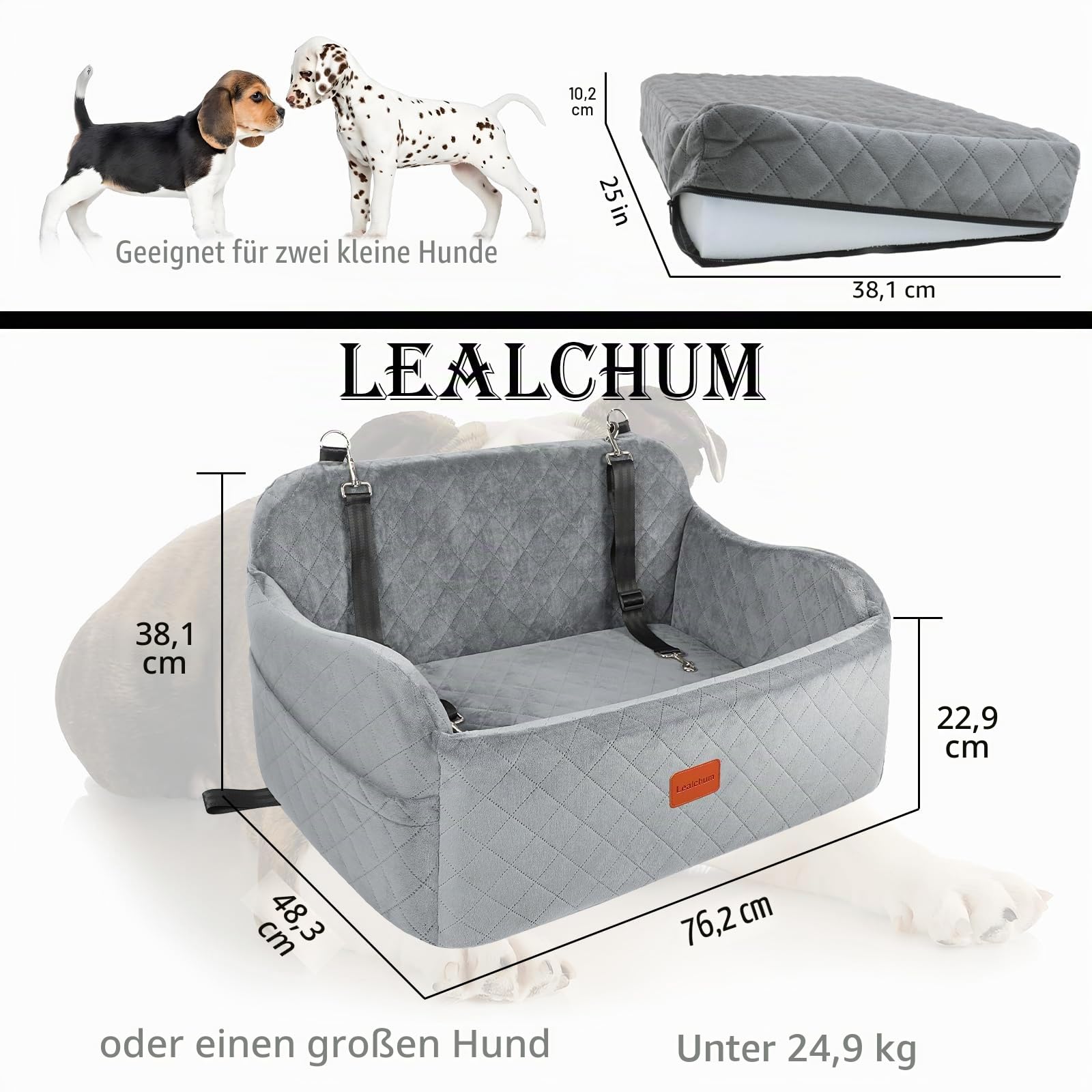 Lealchum Hundeautositz für große Hunde, weicher Stoff Auto Hundebett Füllung Memory Foam, Autositz für Hunde mit 2 Clip-On Hundeleinen, Abnehmbarer und waschbarer Haustier Autositz (Grey,Large)