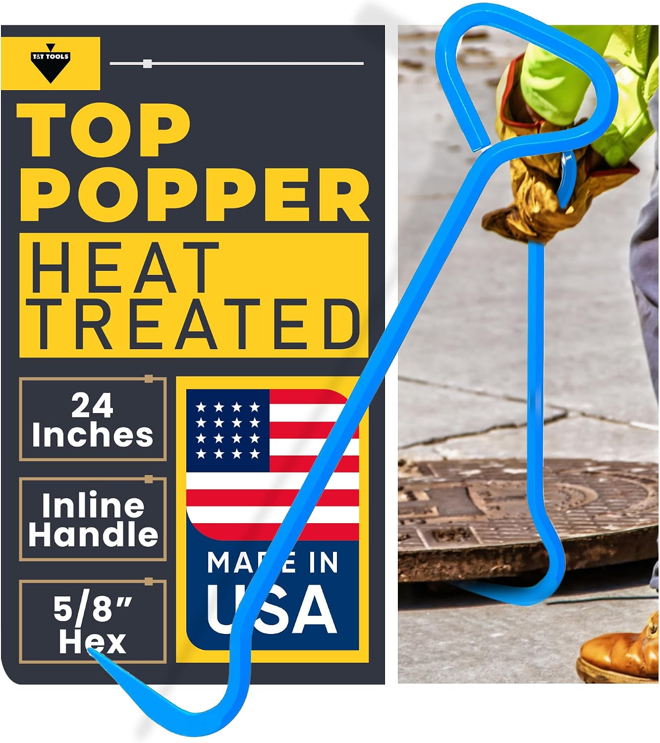 T&T Tools 24-Inch Top Popper Manhole Hook Tool - Inline Handle, 5/8" Hex