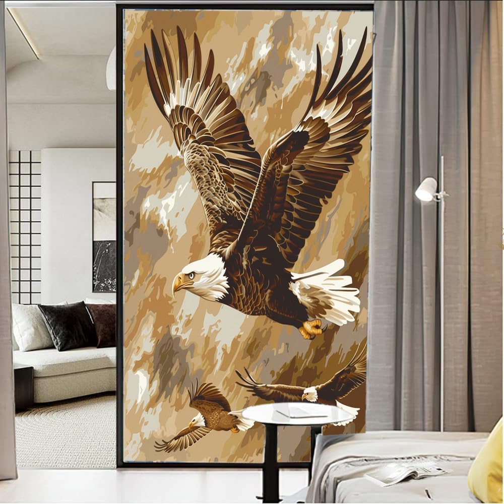 Majestic Eagle Frosted Window Privacy Film, Abstract Nature Bird Cool Animals Window Glass Covering, Adhesive Window Sticker Decals for Home 35.4Wx63L inch