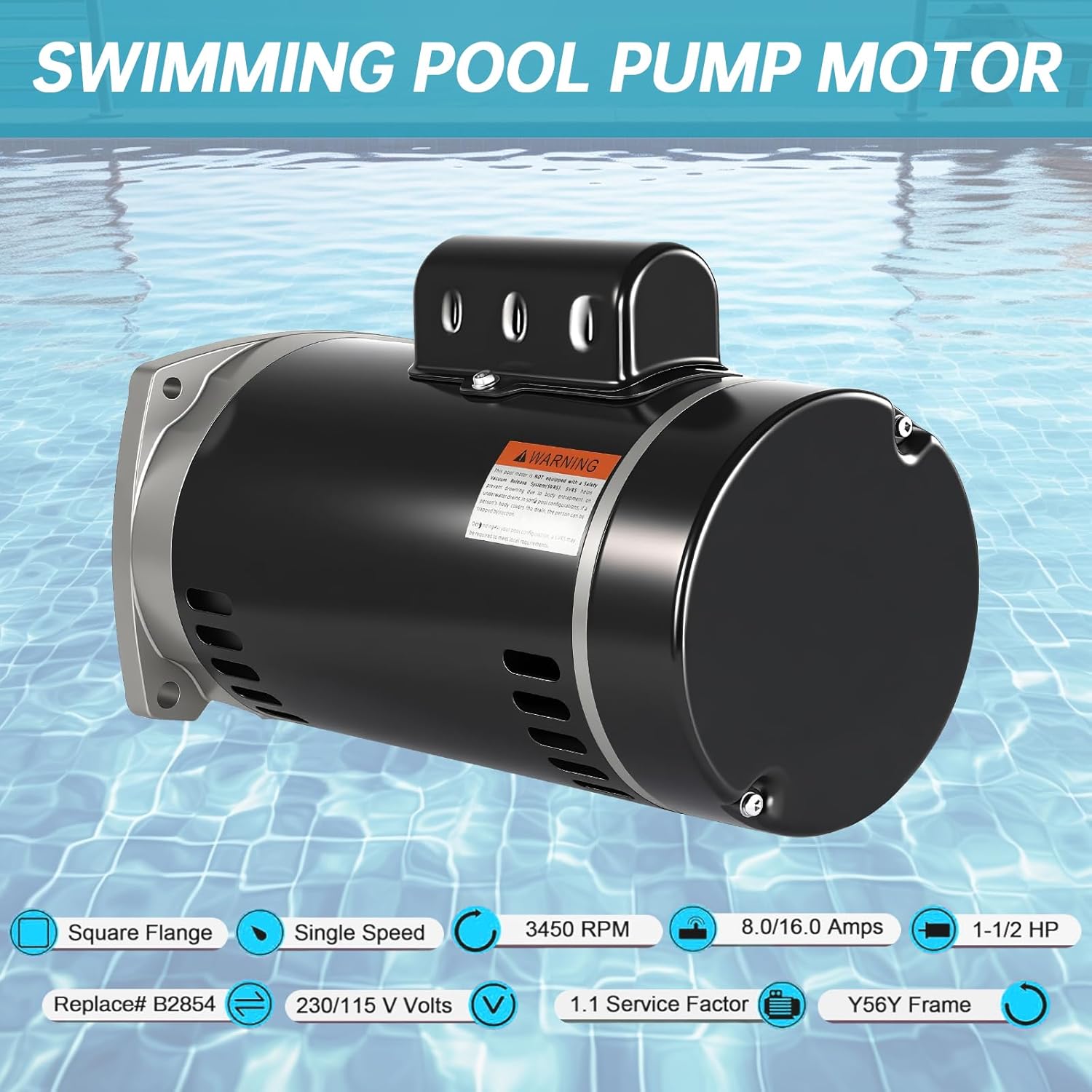 B2854 Pool Pump Motor 1.5 HP Compatible with A.O. Smith Century ‎‎B854, for Pentair Sta-Rite Whisperflo Challenger Pinnacle Anthony Pumps, 3450 RPM, 56Y Frame, 230/115 V, Square Flange Pool Motor